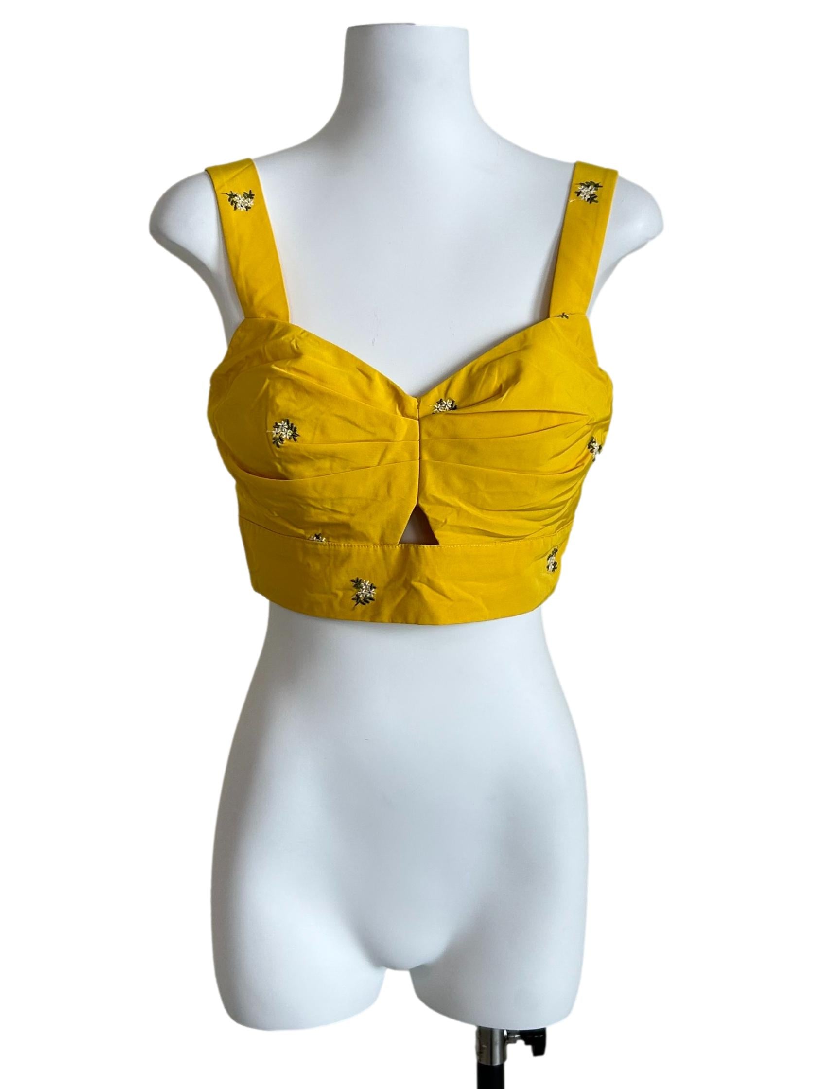 Bumblebee Yellow Floral-Embroidered Crop Top