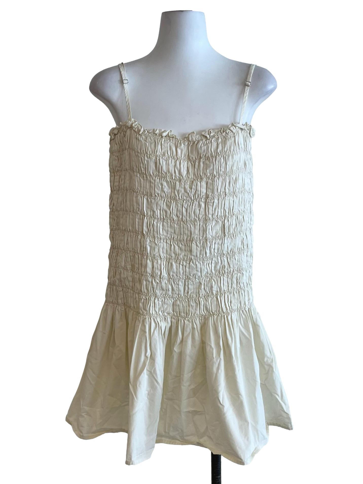 Cream Spaghetti Strap Shirred Dress