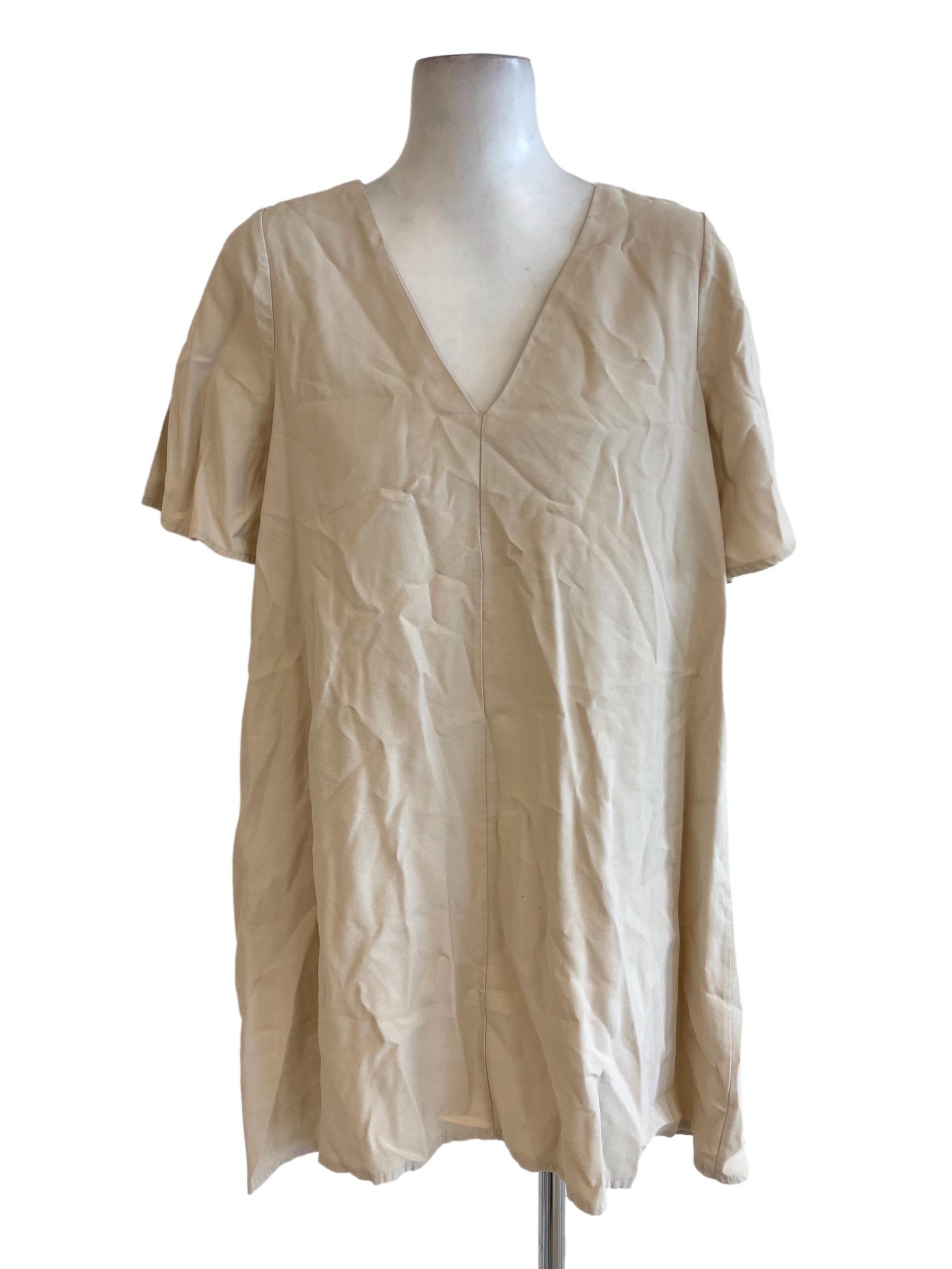 Beige V Neck Short Sleeve Shift Dress TEM