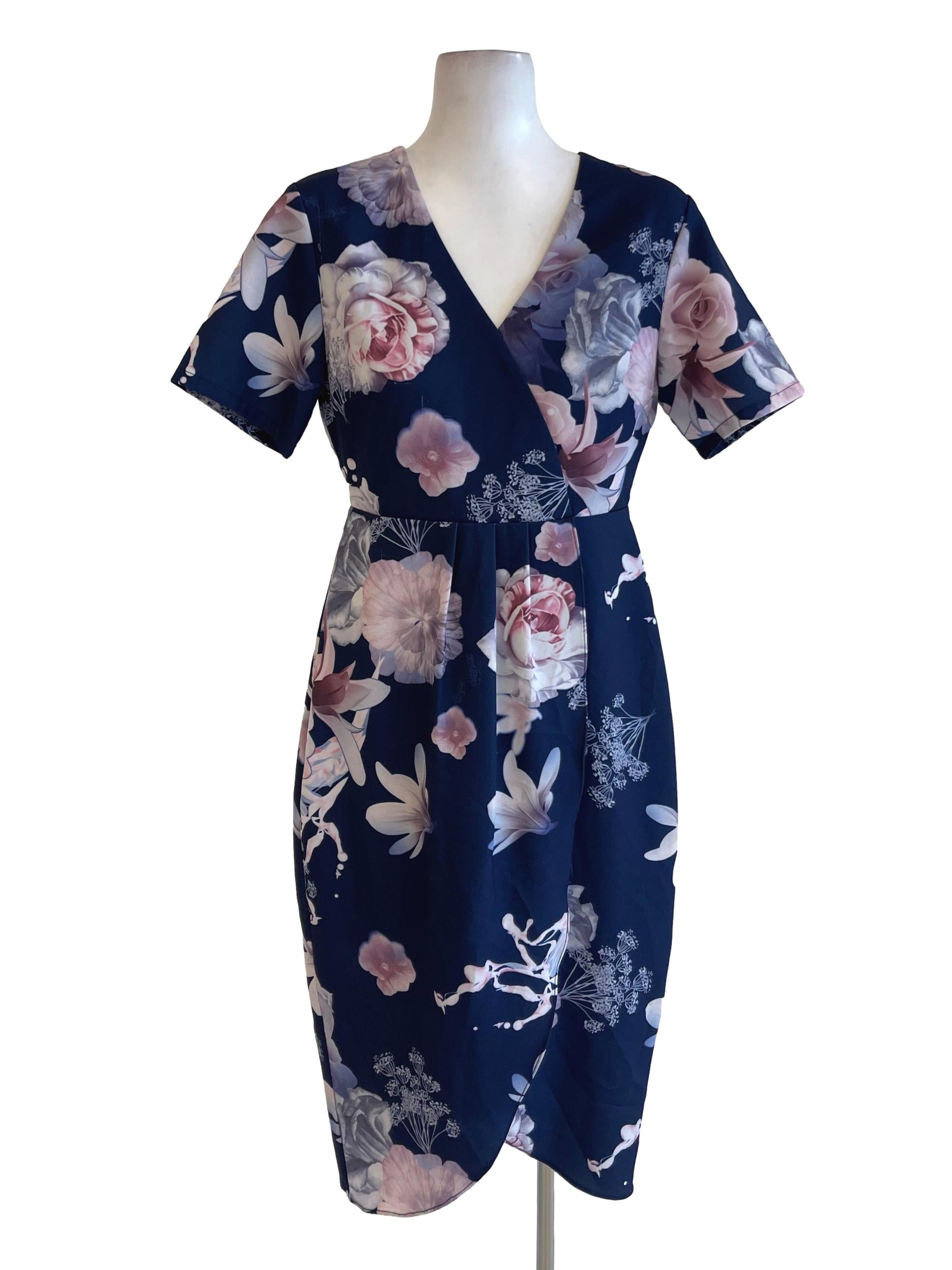 Navy Blue Floral Wrap Sheath Dress TCL