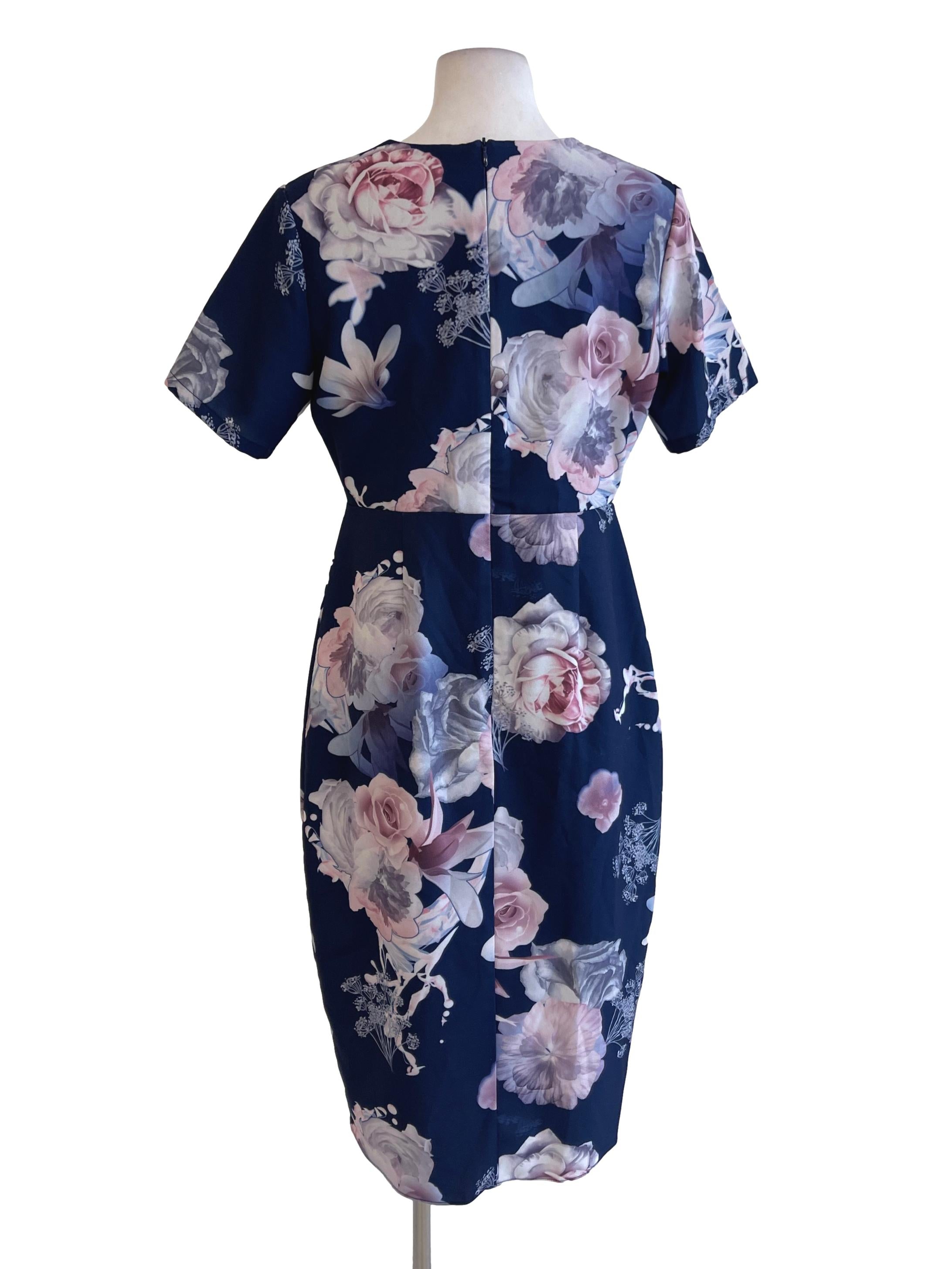 Navy Blue Floral Wrap Sheath Dress TCL