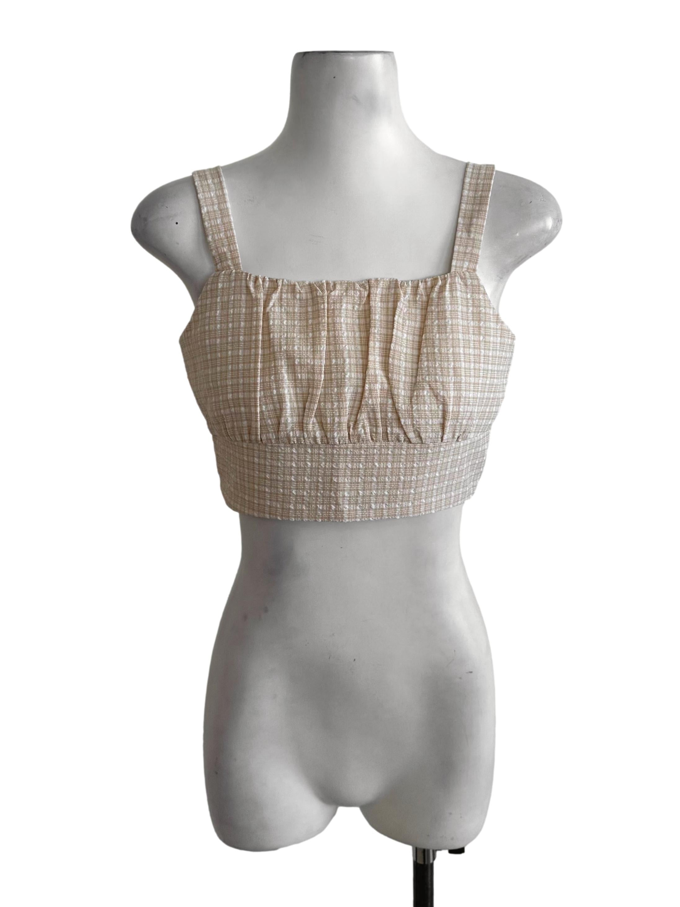 Light Beige Plaid Textured Crop Top