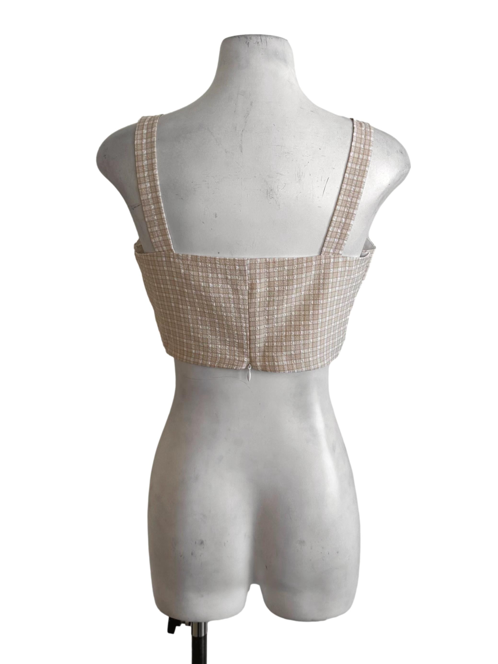 Light Beige Plaid Textured Crop Top