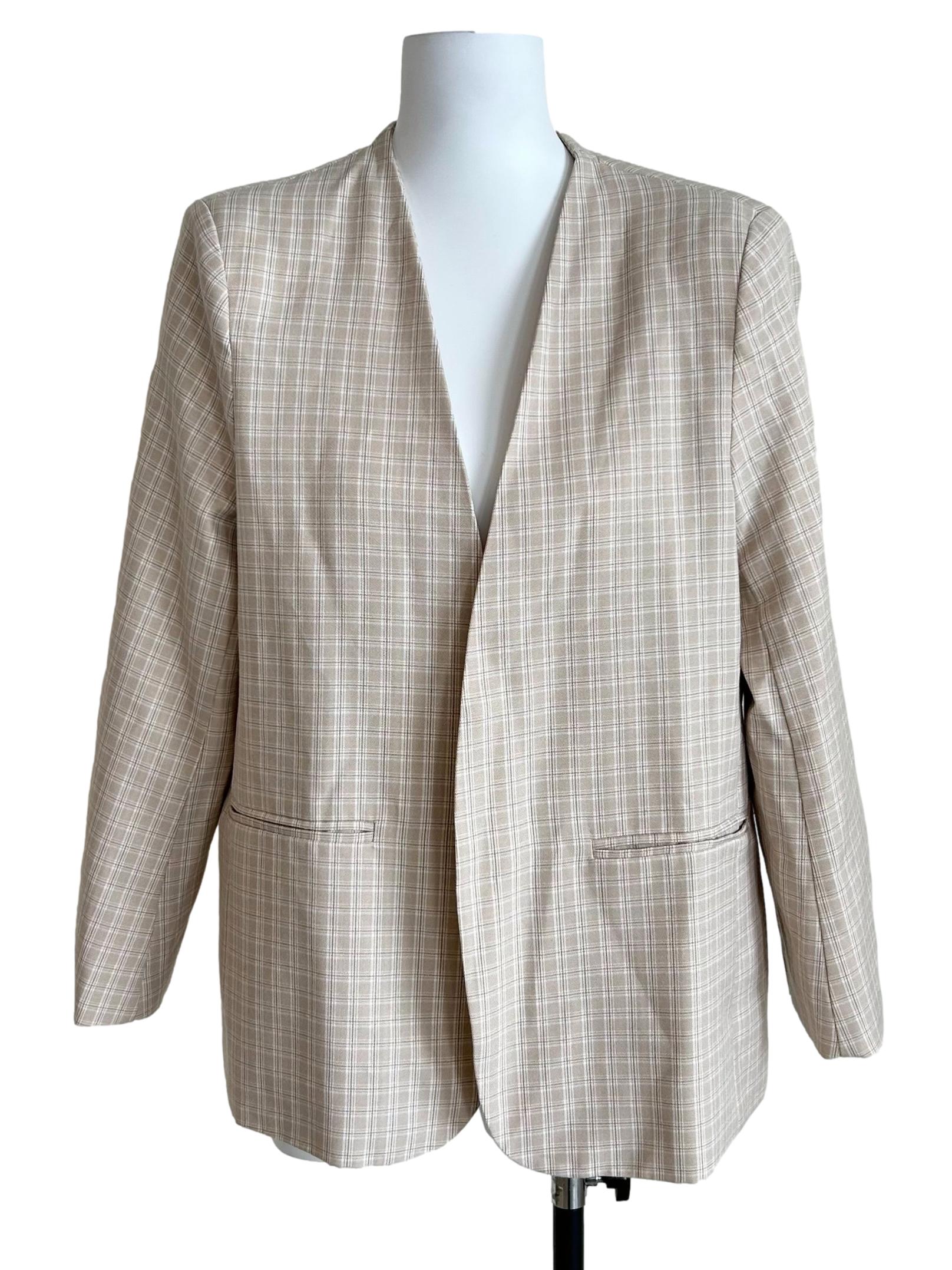 Beige Plaid Collarless Open-Front Blazer
