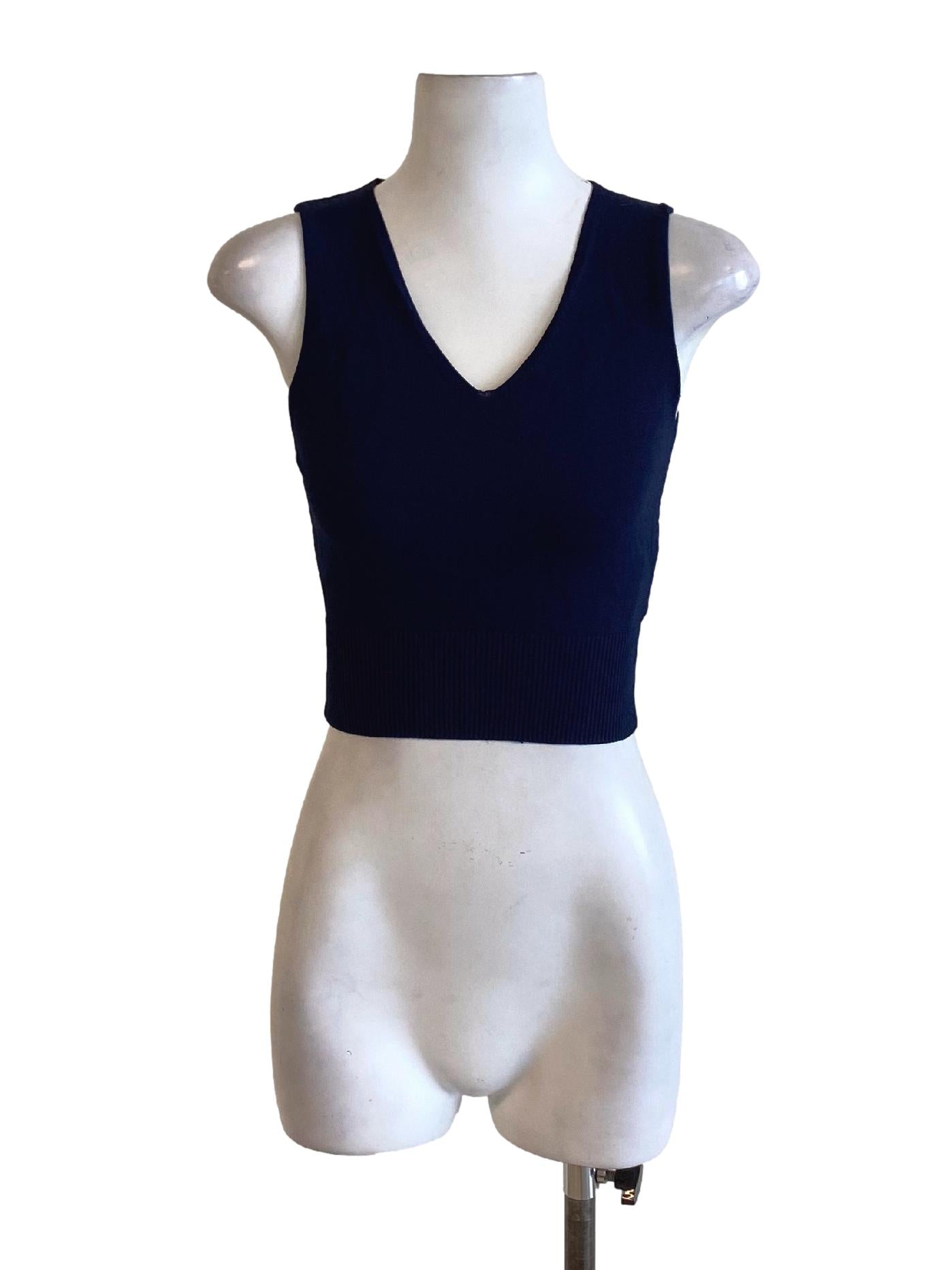 Navy Blue Knitted V-Neck Sleeveless Cropped Top LB