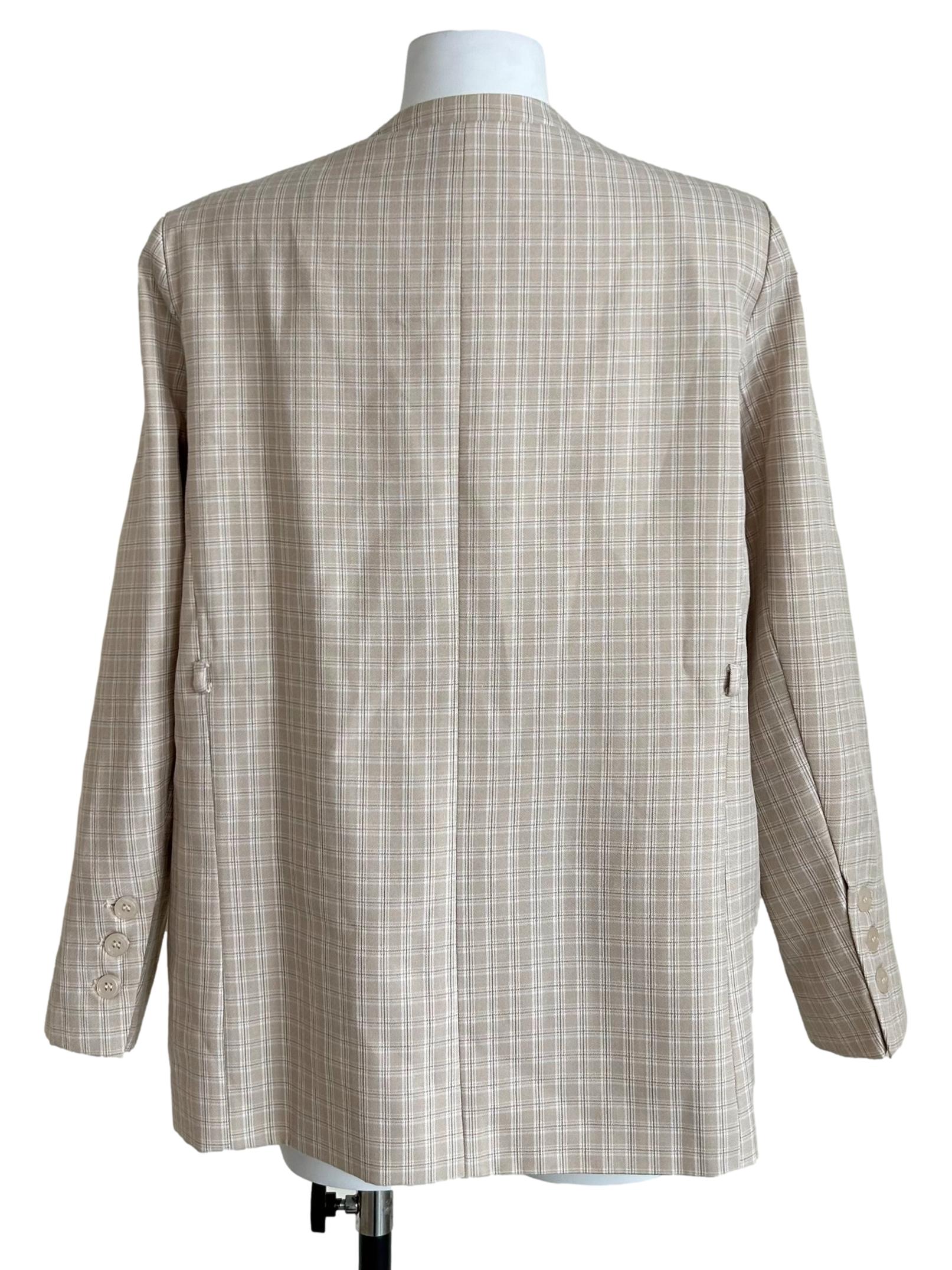 Beige Plaid Collarless Open-Front Blazer