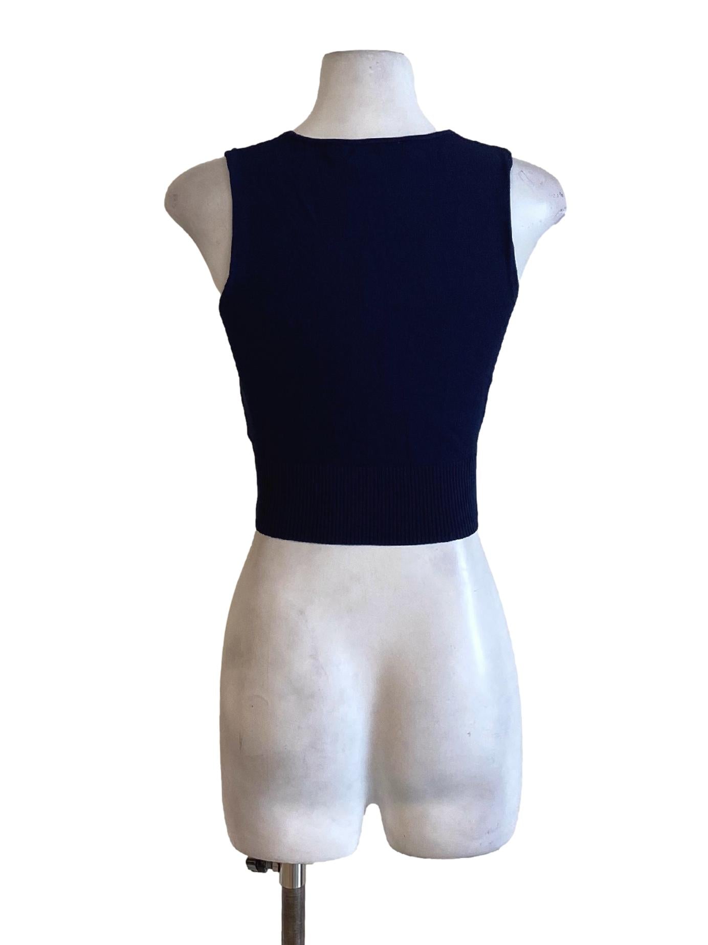Navy Blue Knitted V-Neck Sleeveless Cropped Top LB