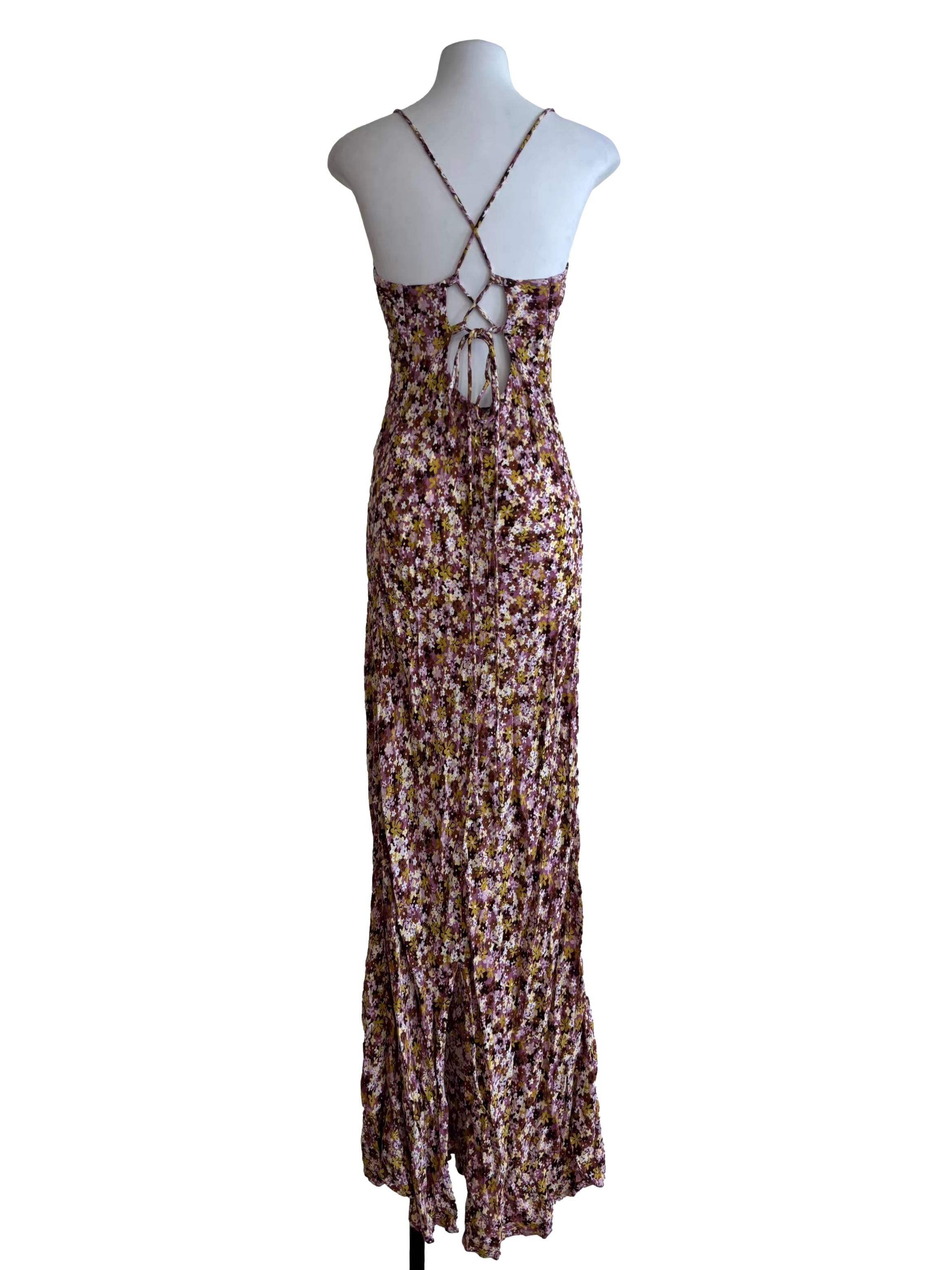 Sepia Brown Pink Floral Maxi Sun Dress