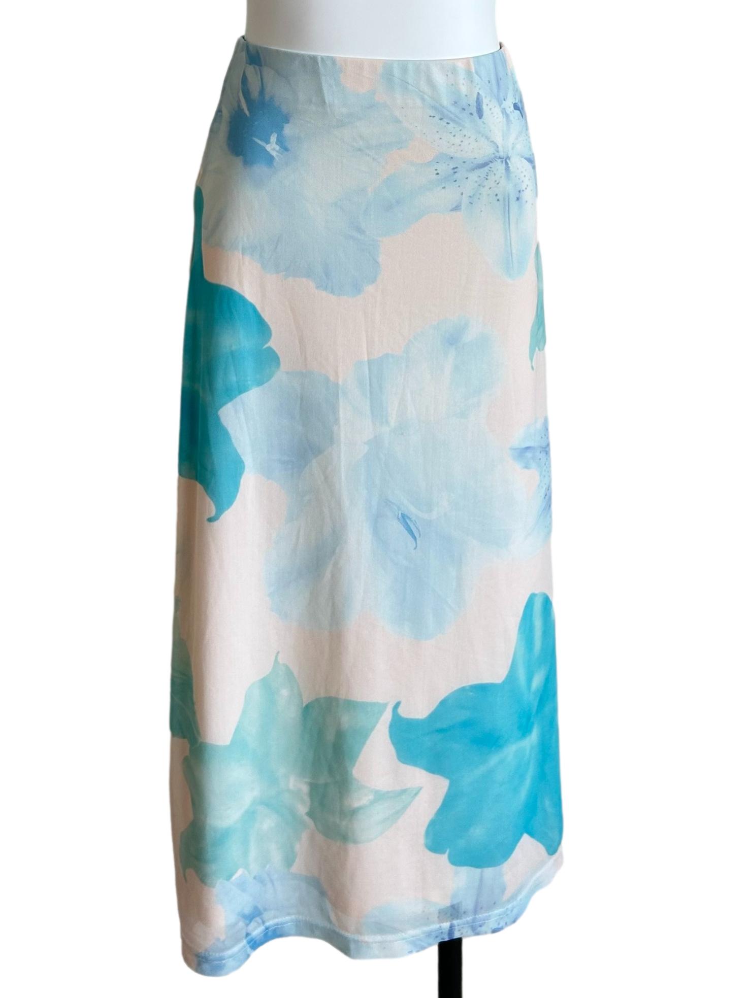 Cream And Blue Floral-Print Midi Skirt