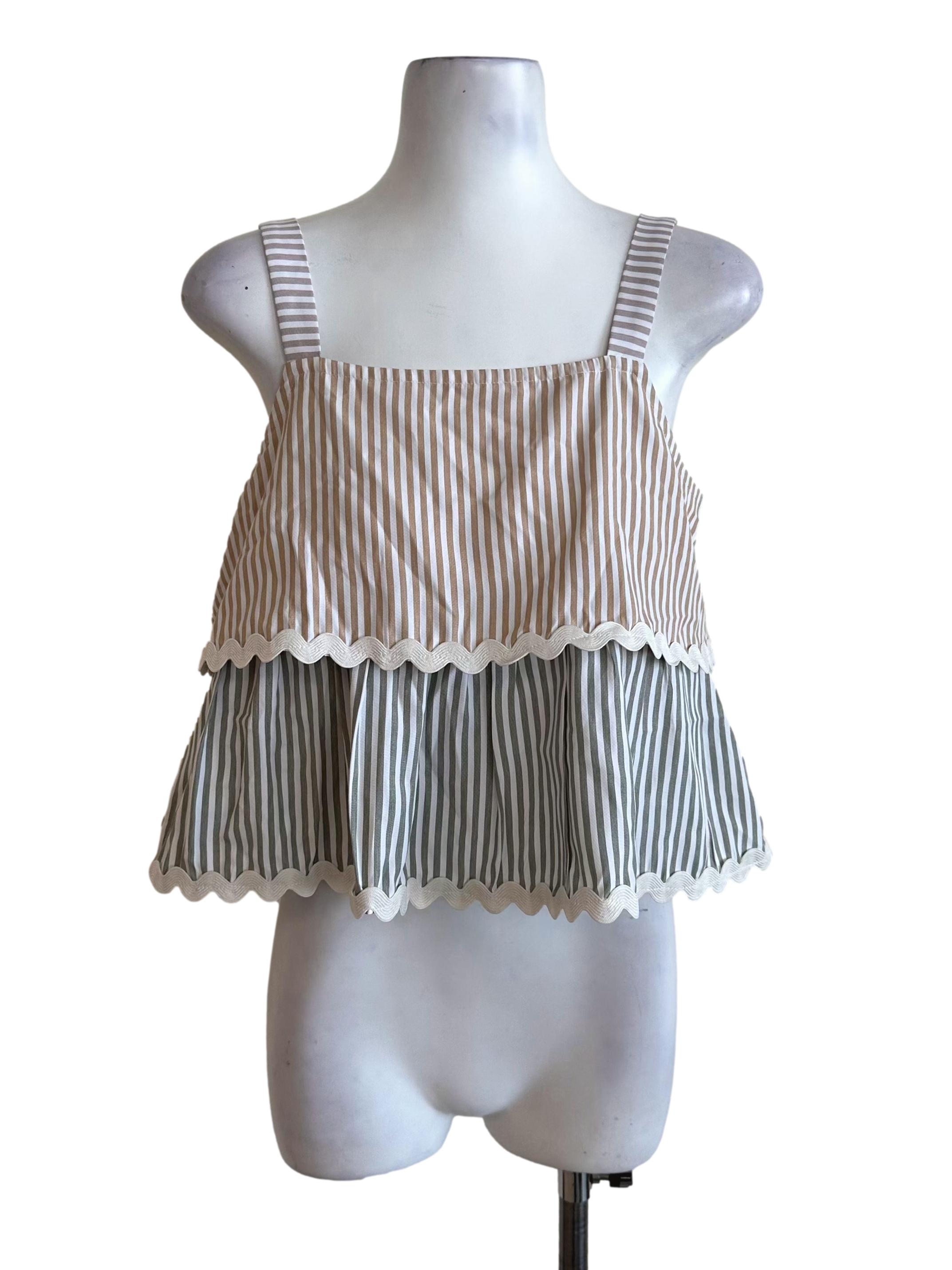 Beige Green Stripe Layered Babydoll Top TCL