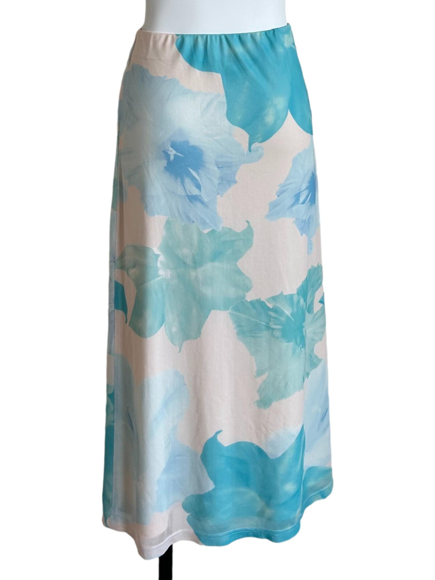 Cream And Blue Floral-Print Midi Skirt