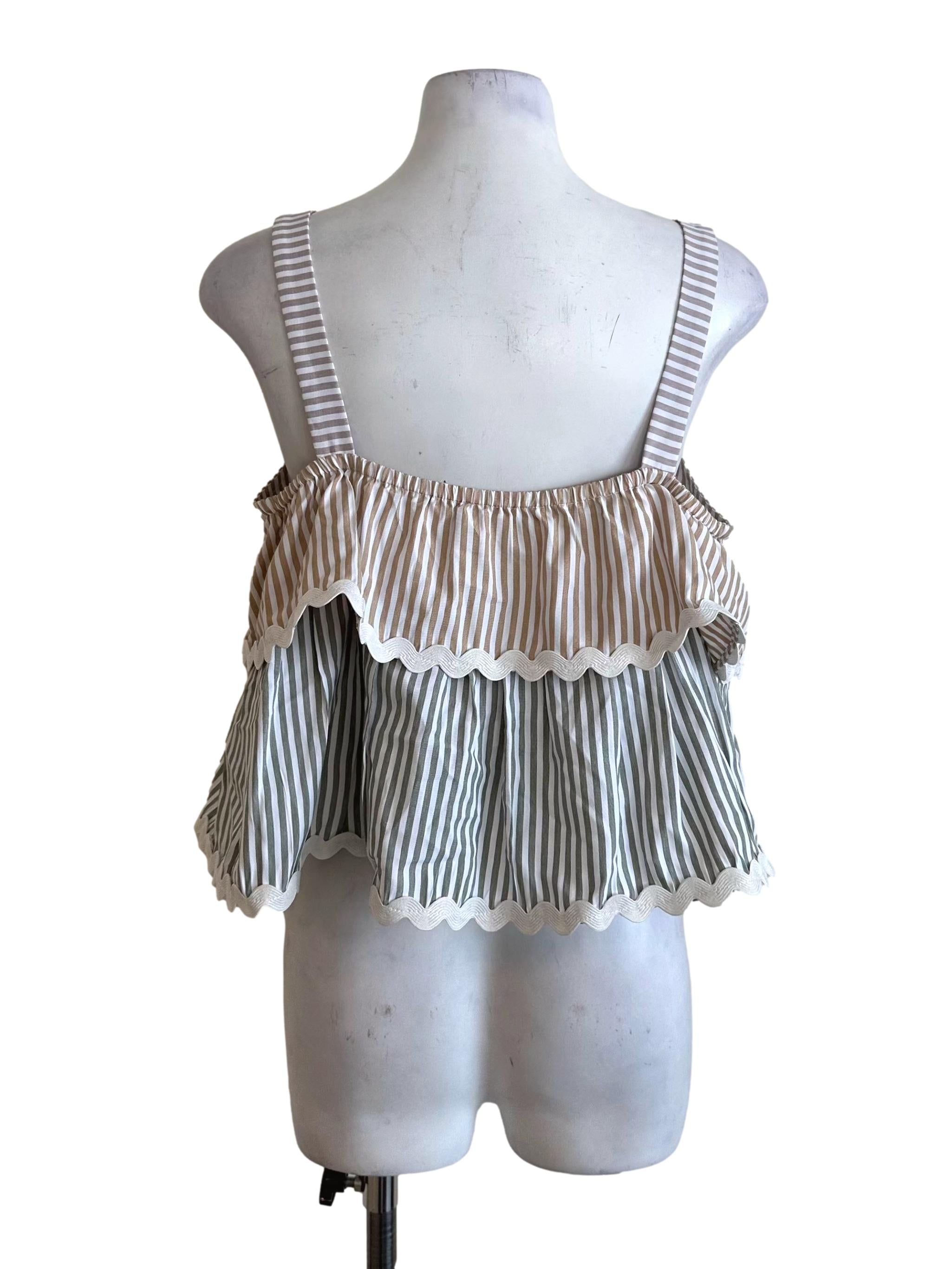 Beige Green Stripe Layered Babydoll Top TCL