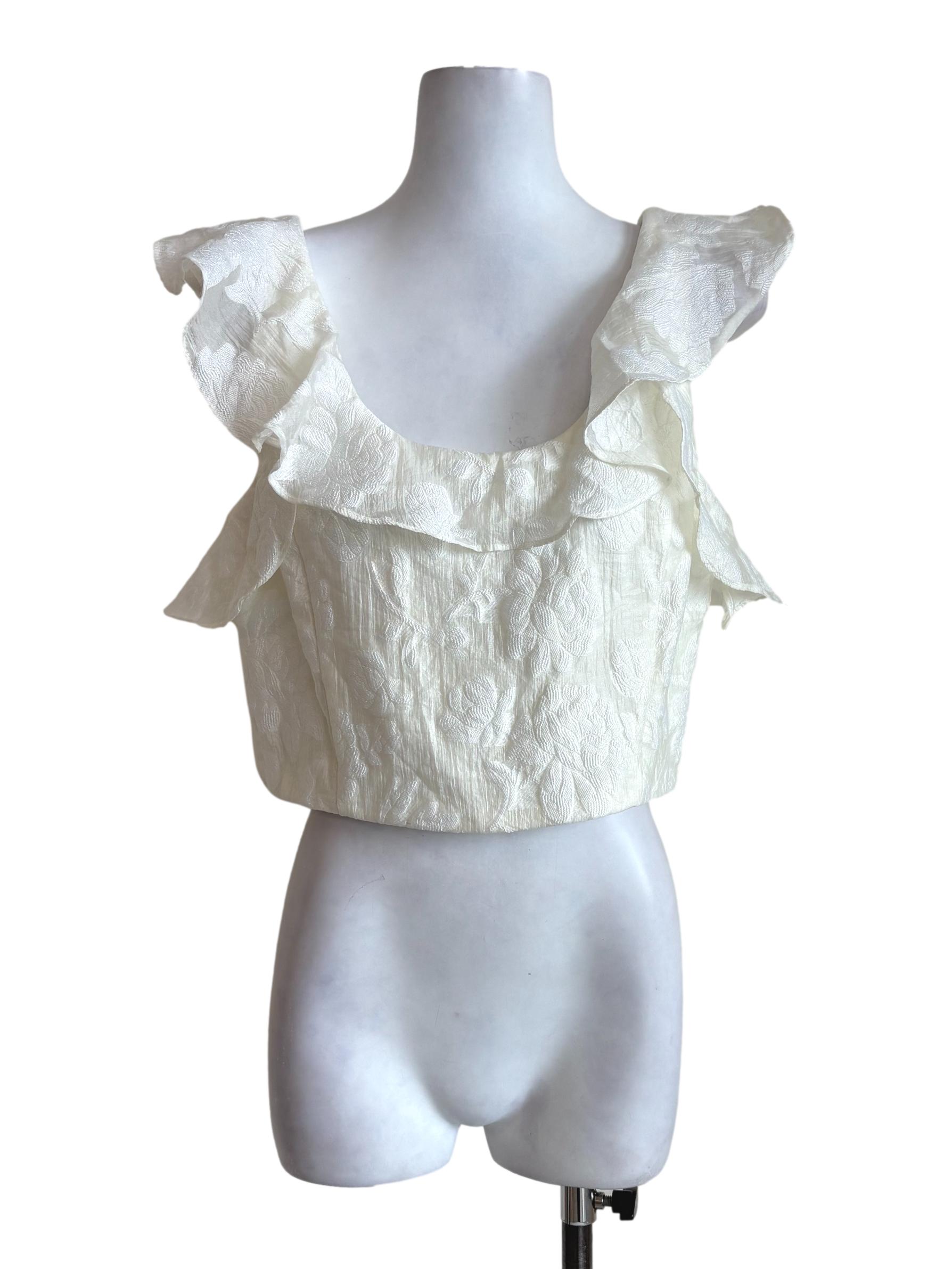 Offwhite Floral Embroidered Ruffle Cropped Top LB