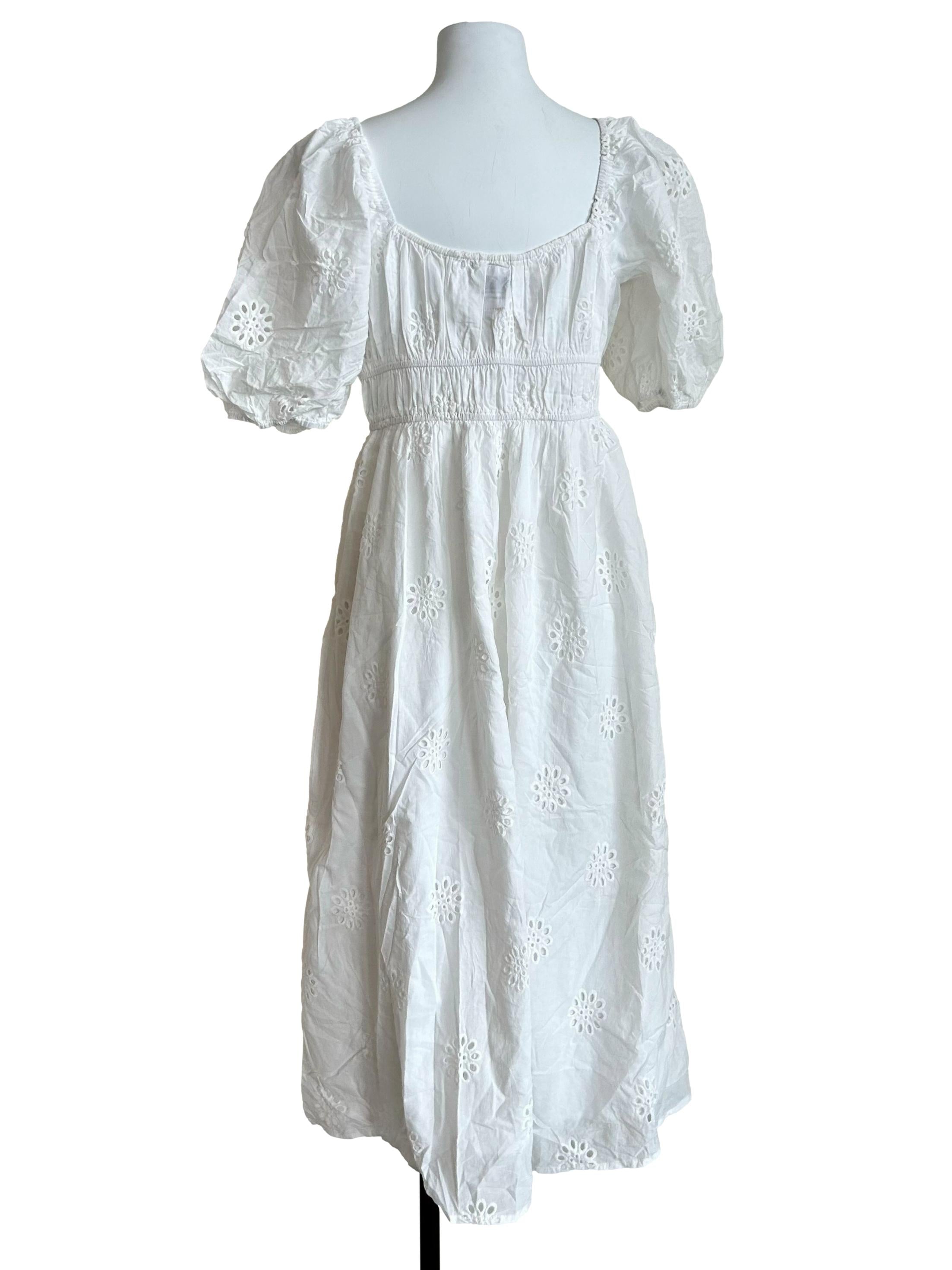 White Eyelet Puff-Sleeve Midi Dress