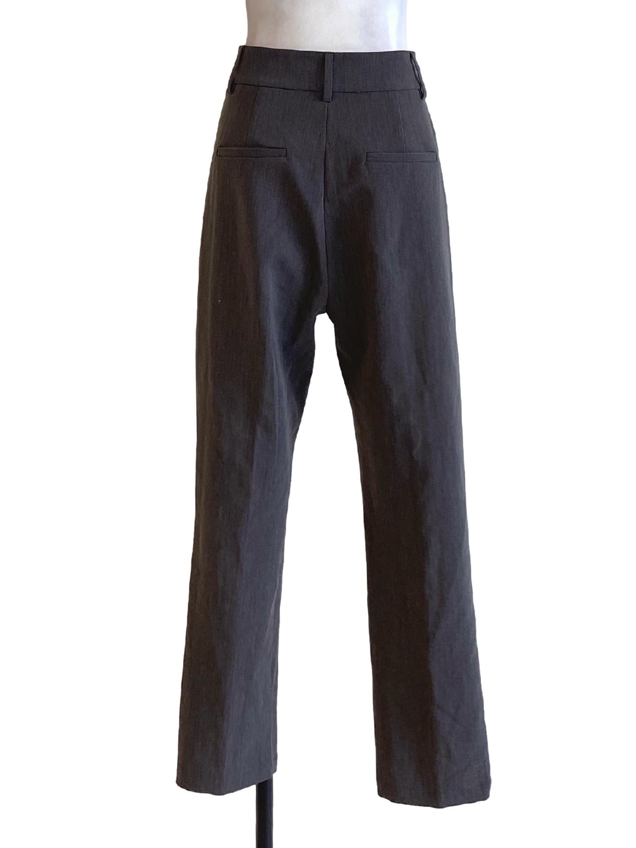 Lead Grey Buttoned Waist Slim Formal Pants YHF