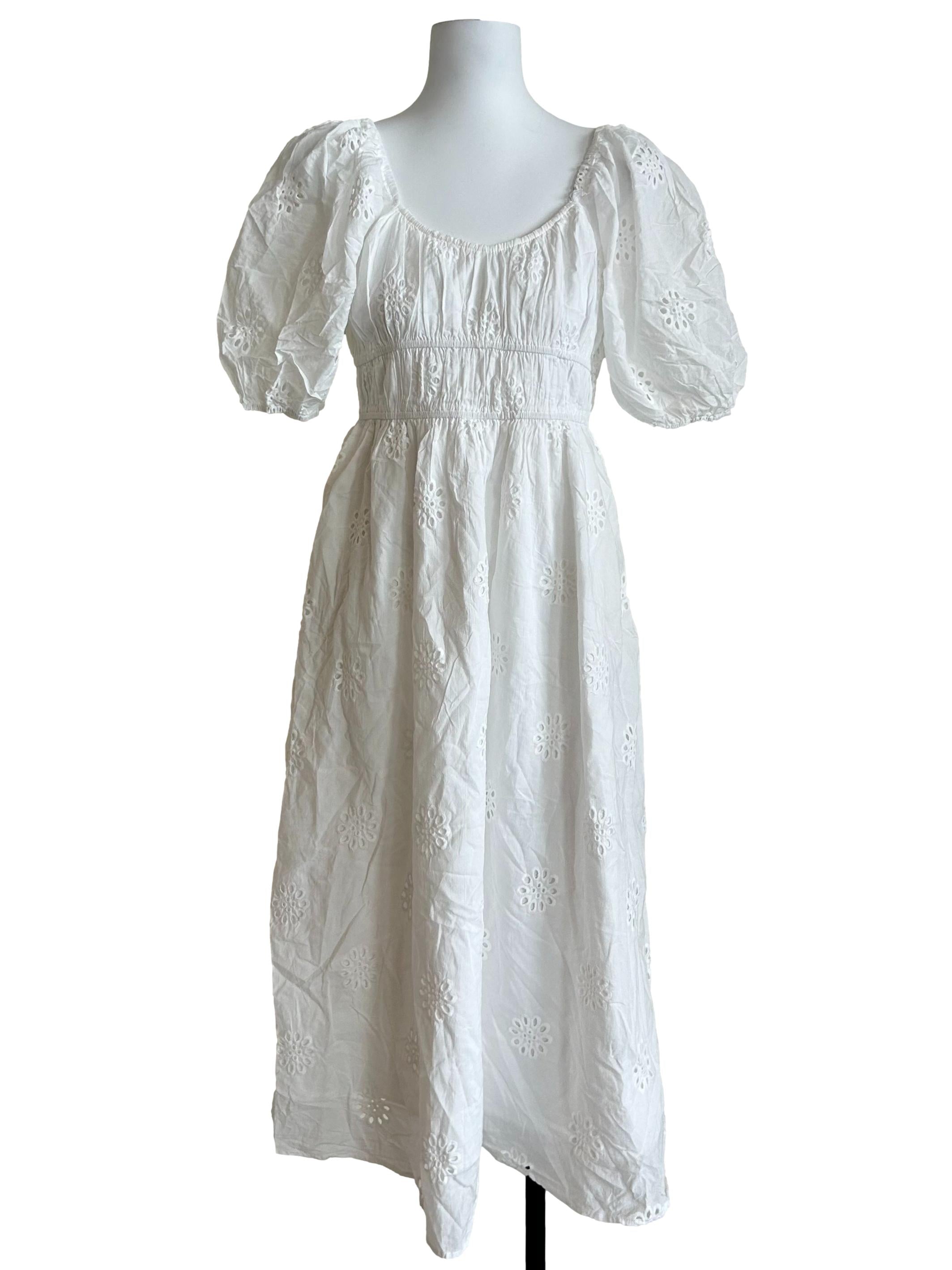 White Eyelet Puff-Sleeve Midi Dress