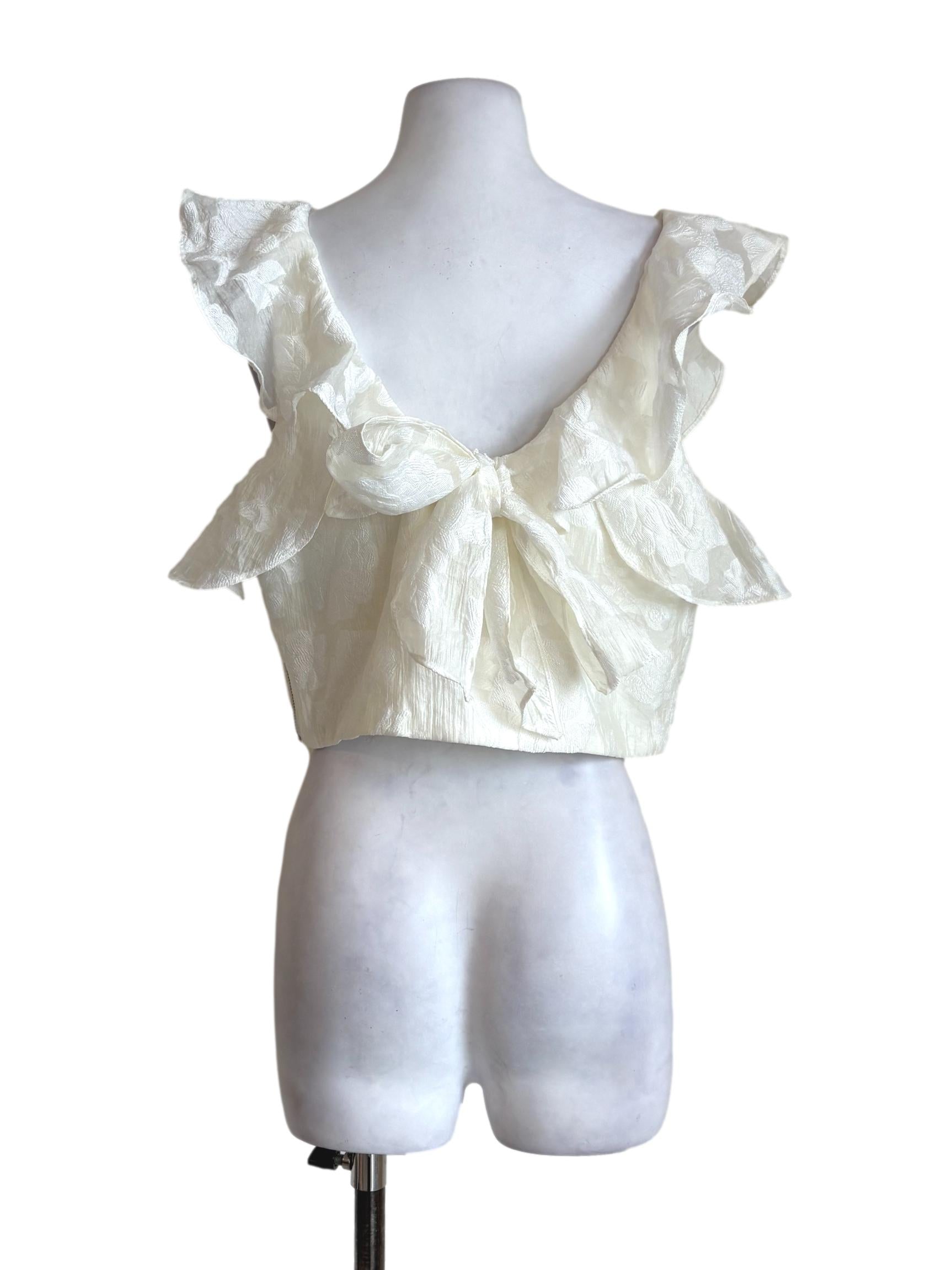 Offwhite Floral Embroidered Ruffle Cropped Top LB