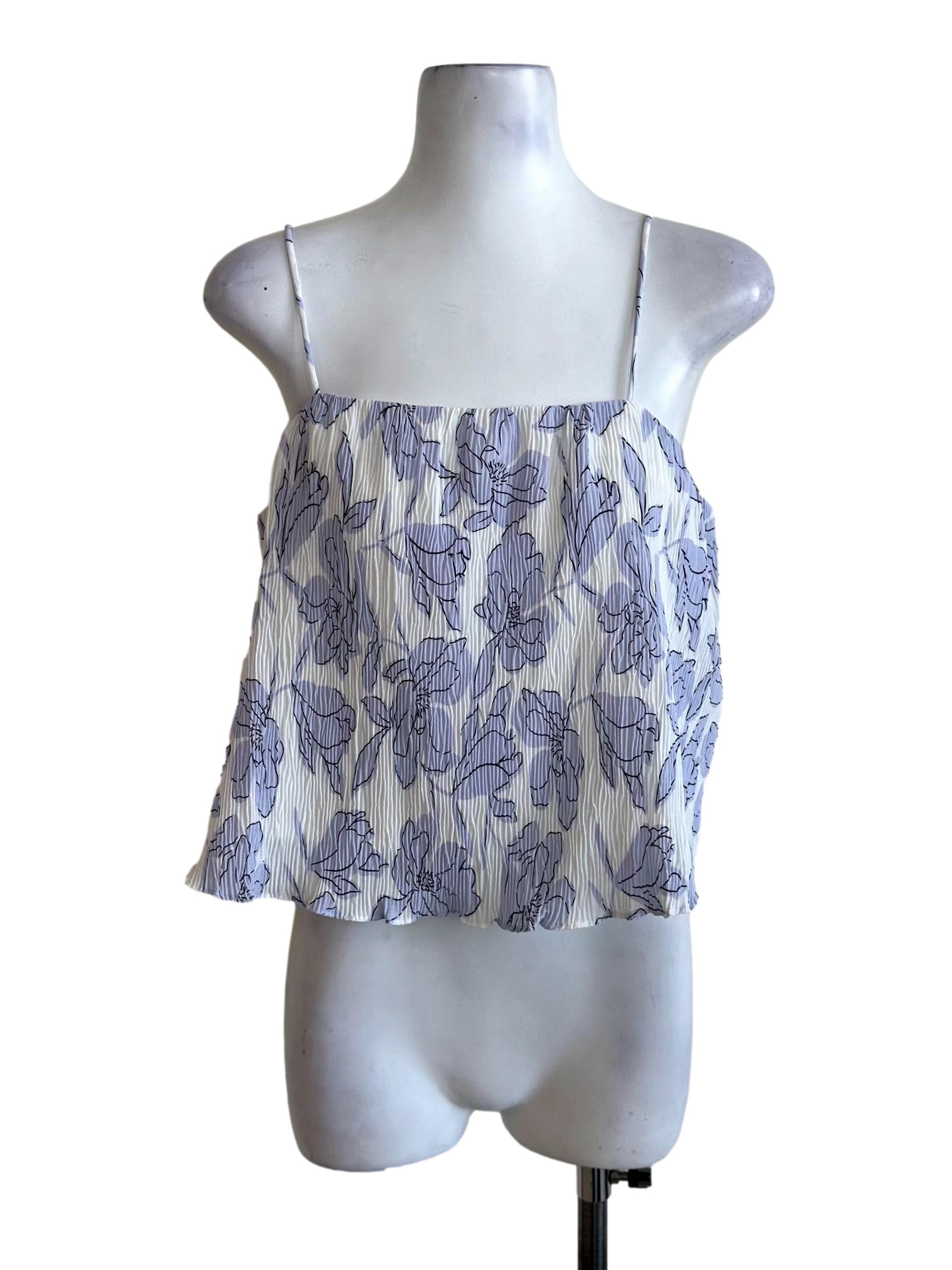 White Purple Pattern Pleated Top