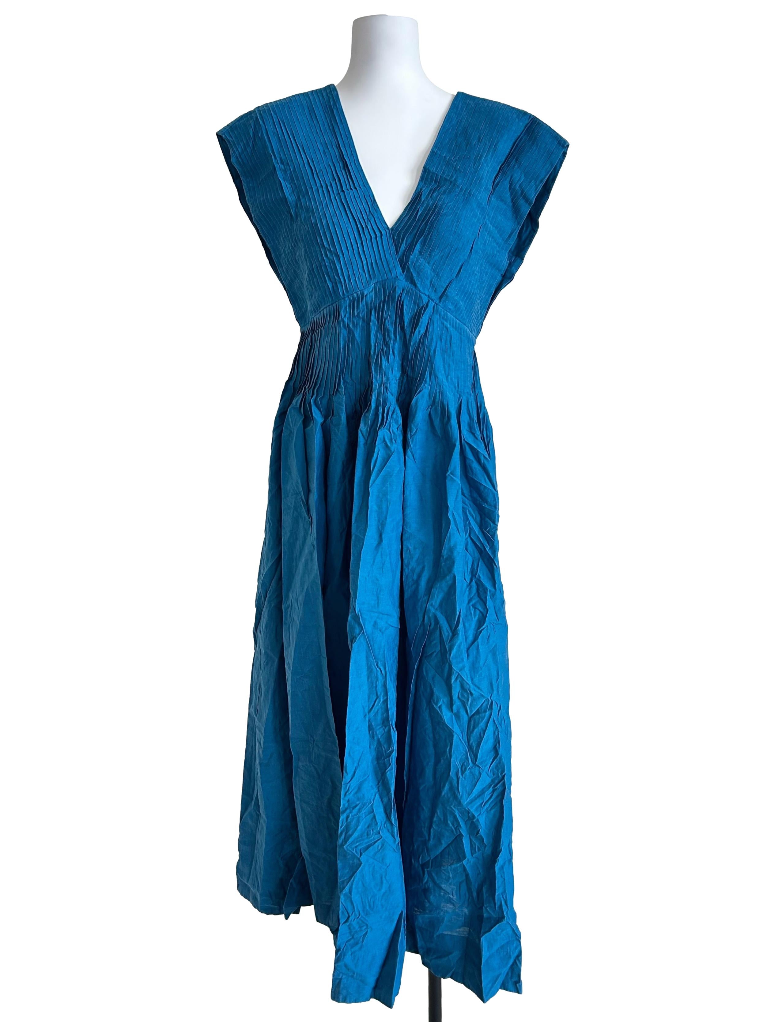 Teal Blue Pleated V-Neck Midi Dress