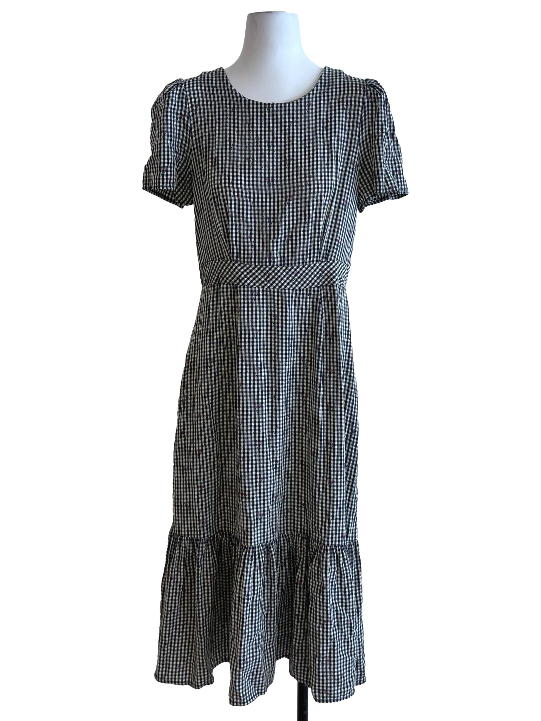 Navy Blue Gingham Tiered Dress