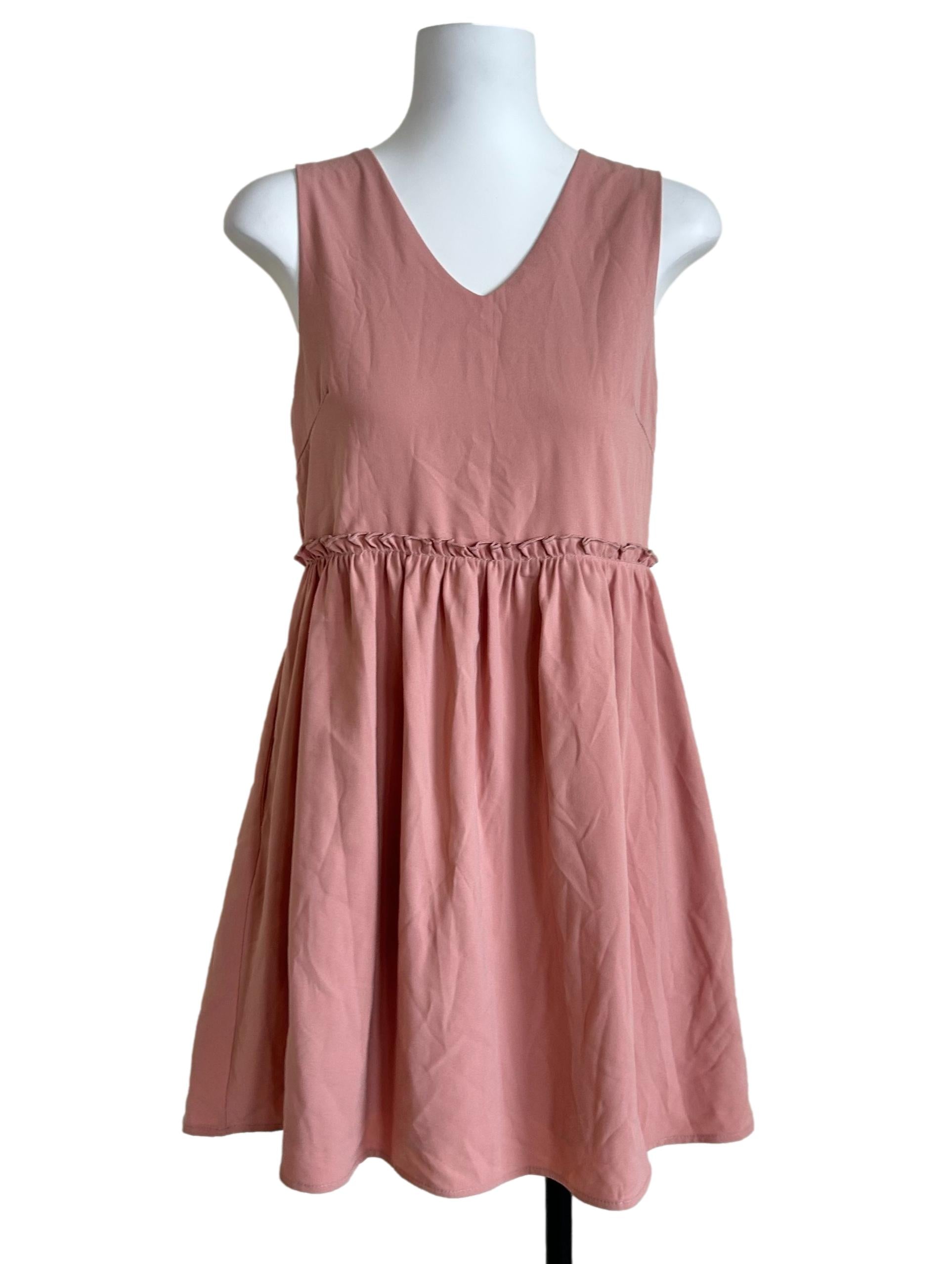 Dusty Pink V-Neck Ruffled-Waist Mini Dress
