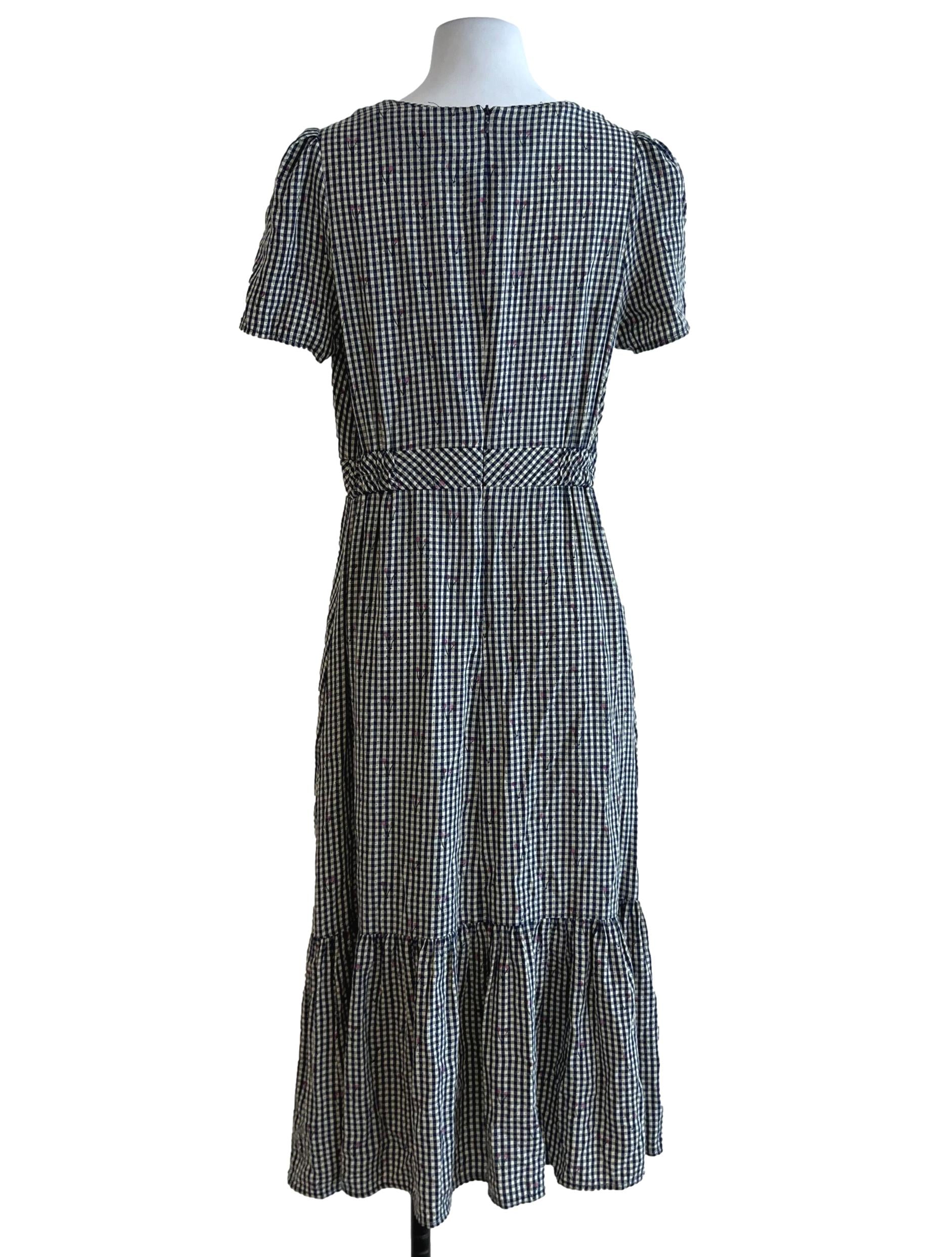 Navy Blue Gingham Tiered Dress