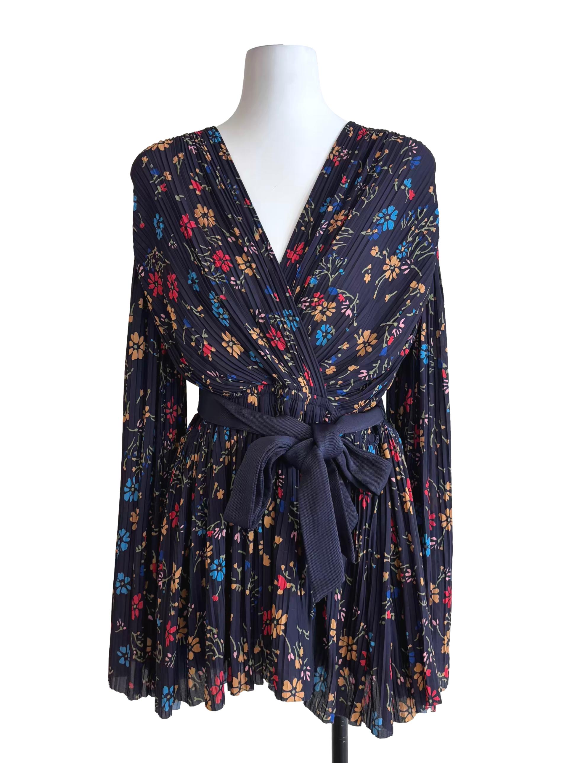 Navy Blue Floral Pleated Romper