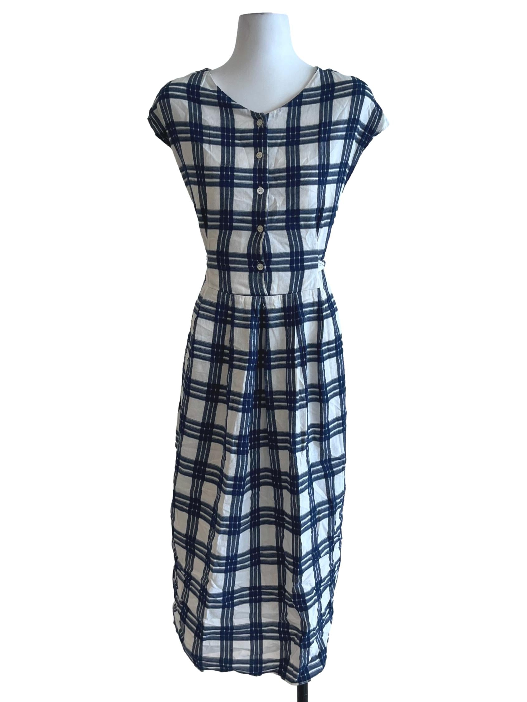 Navy Blue Madras A-Line Dress