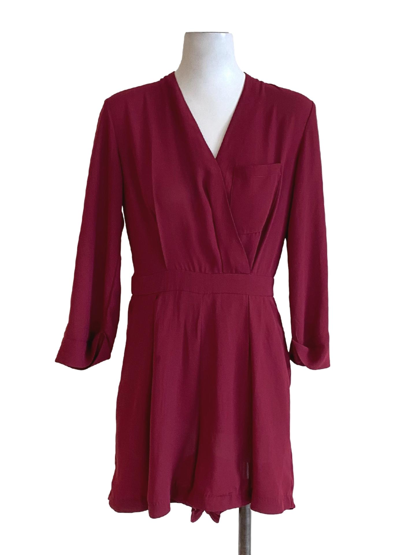 Maroon Red V-Neck Long Sleeve Loose Flowy Romper