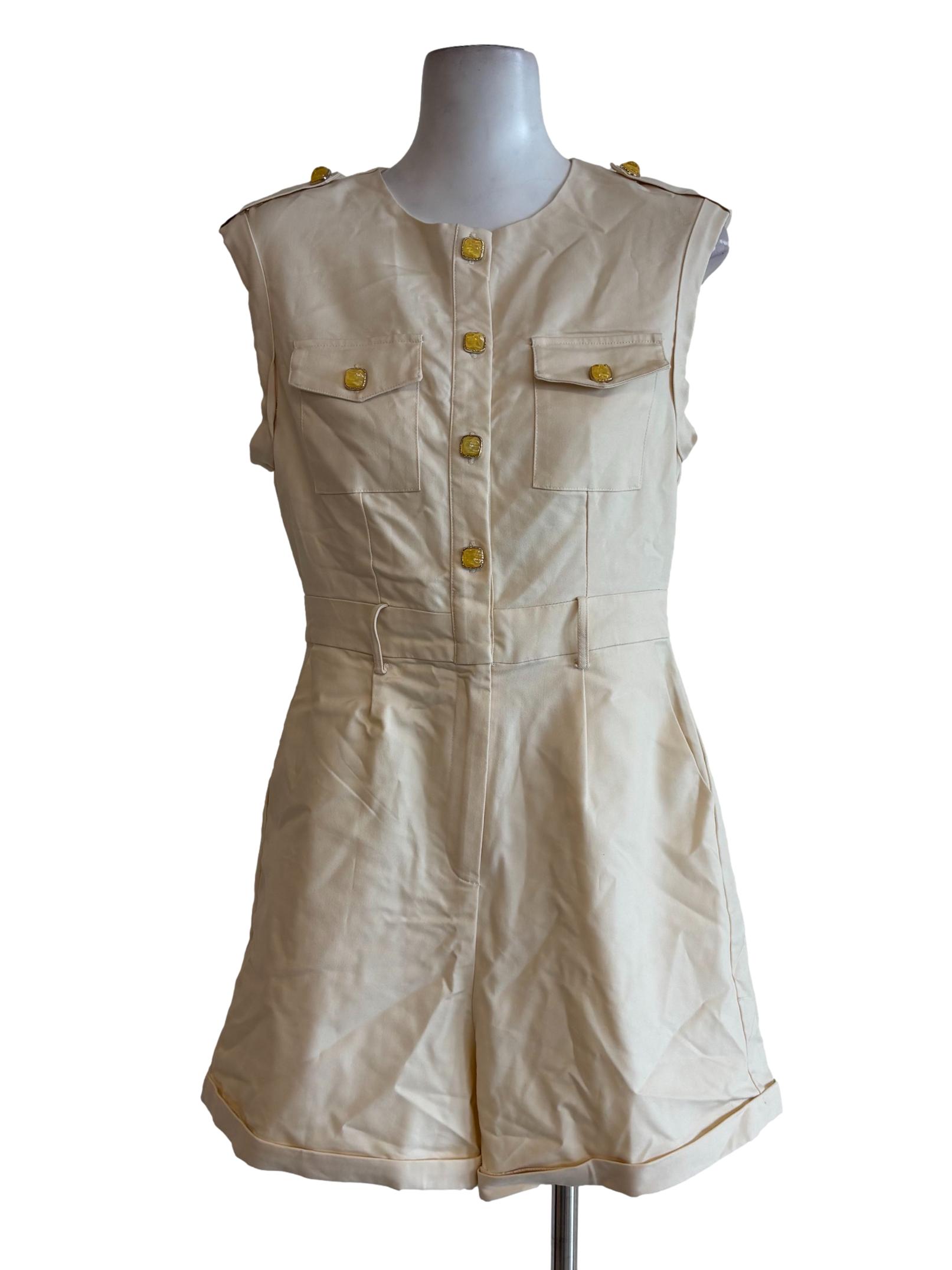 Cream Sleeveless Buttoned Rompers