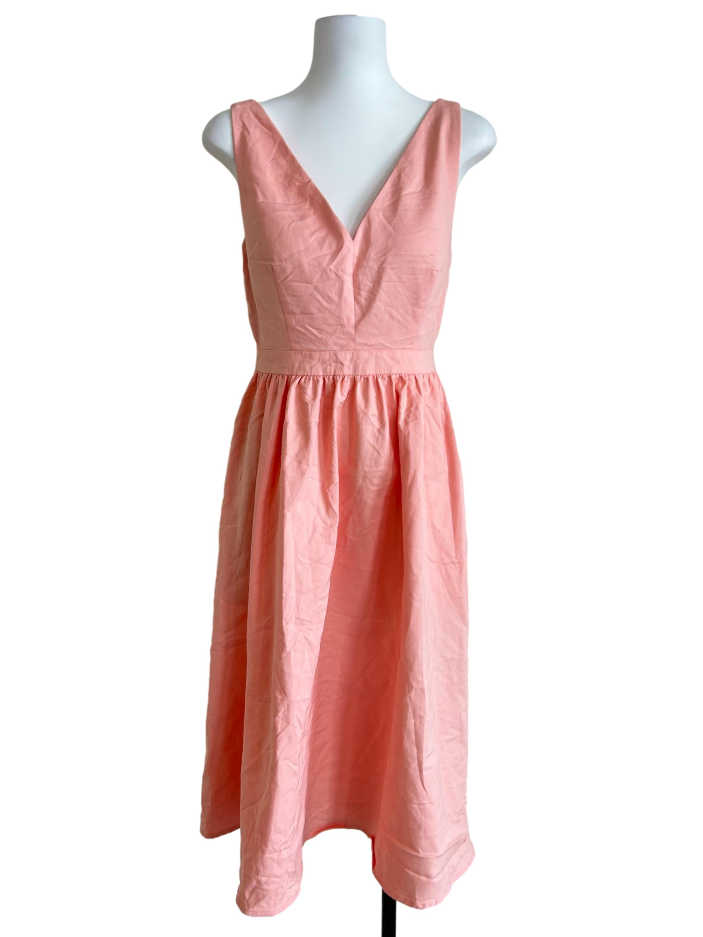 Peach Pink V-Neck Fit-And-Flare Midi Dress