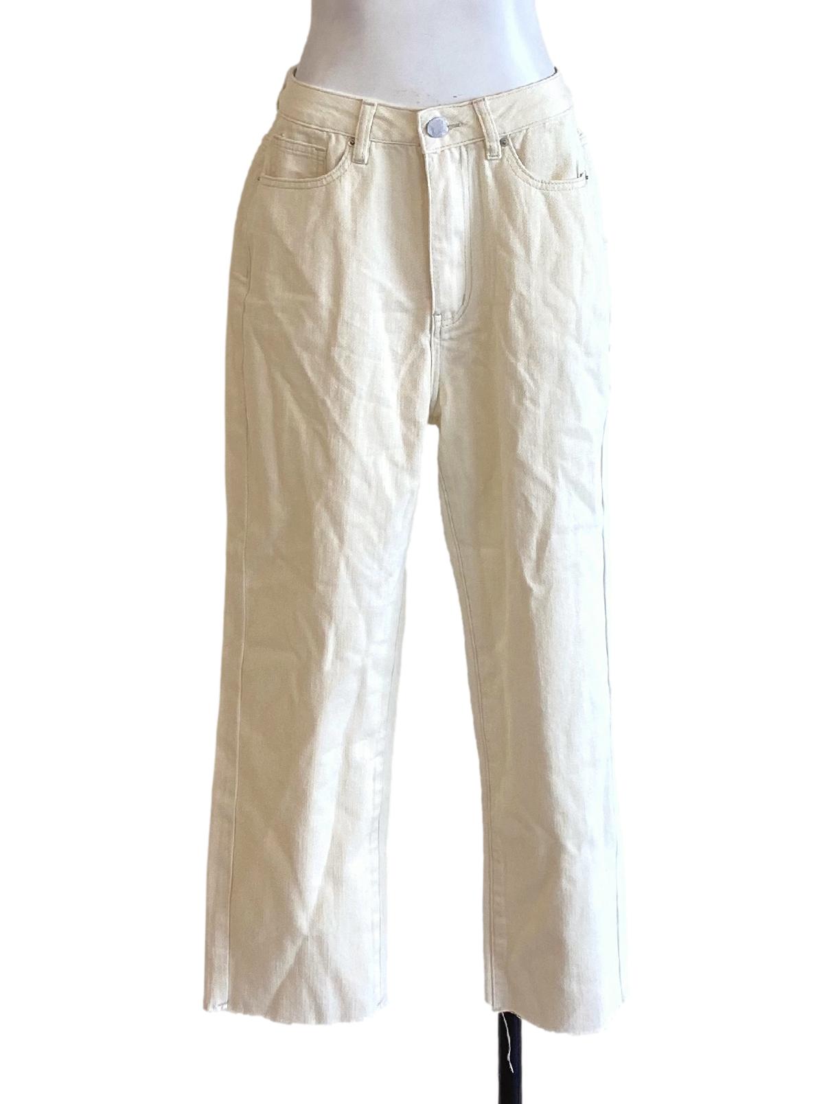 Cream White Buttoned Waist Slim Cropped Denim Trouser LB