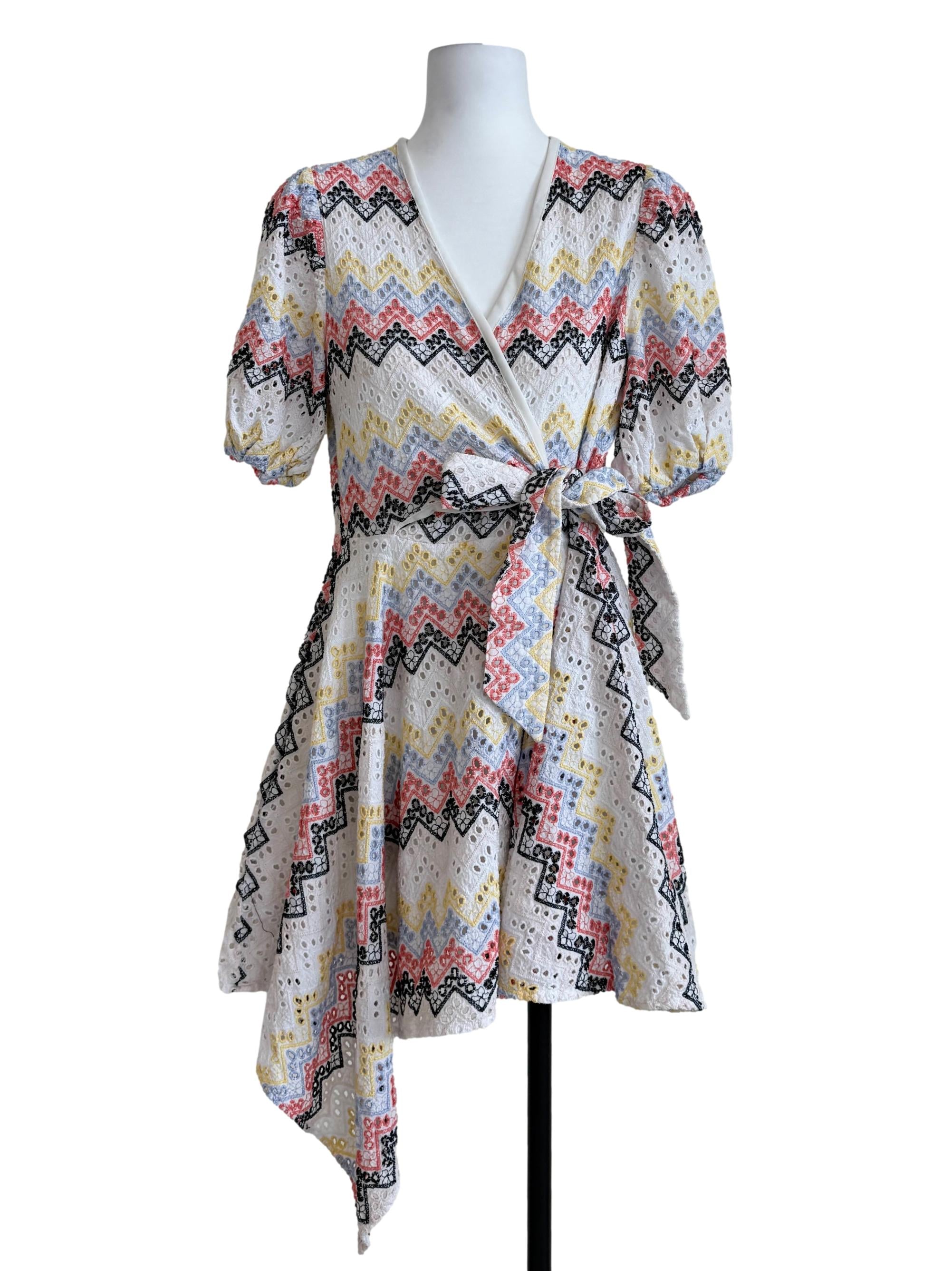 White Multicolor Patterned Wrap Dress