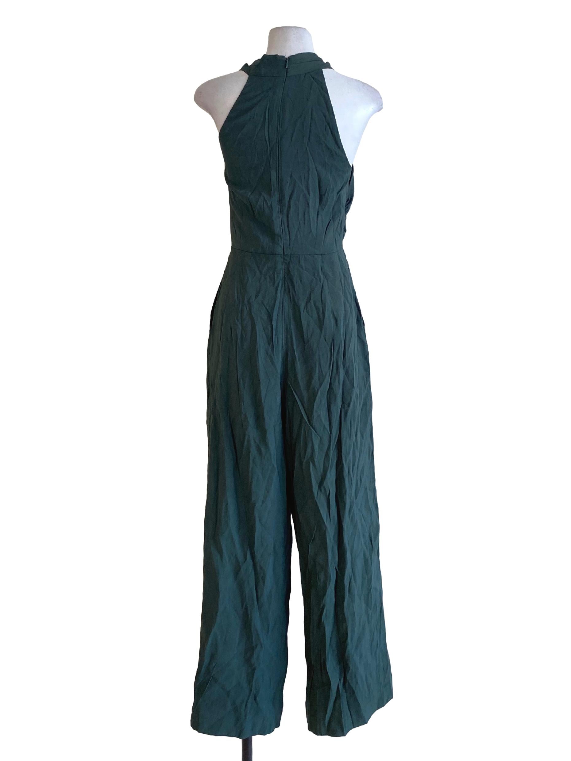Peacock Green Twisted Cross Front Halter Regular Jumpsuit LB