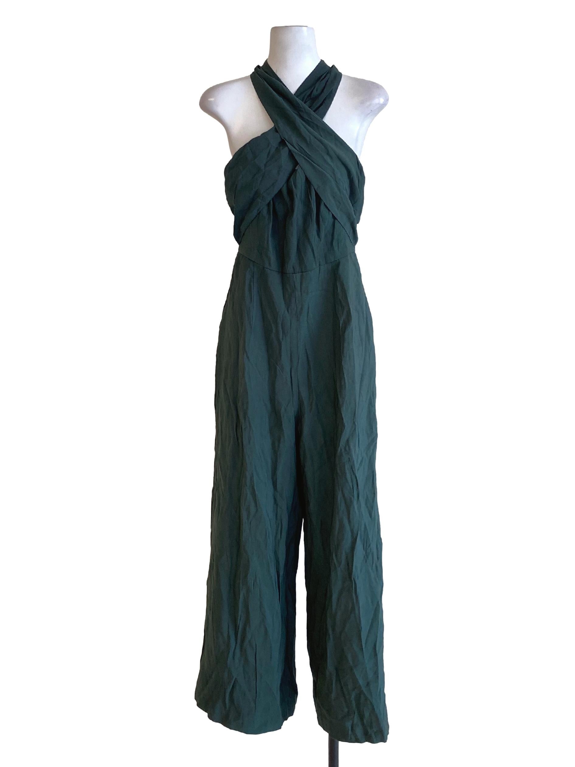 Peacock Green Twisted Cross Front Halter Regular Jumpsuit LB