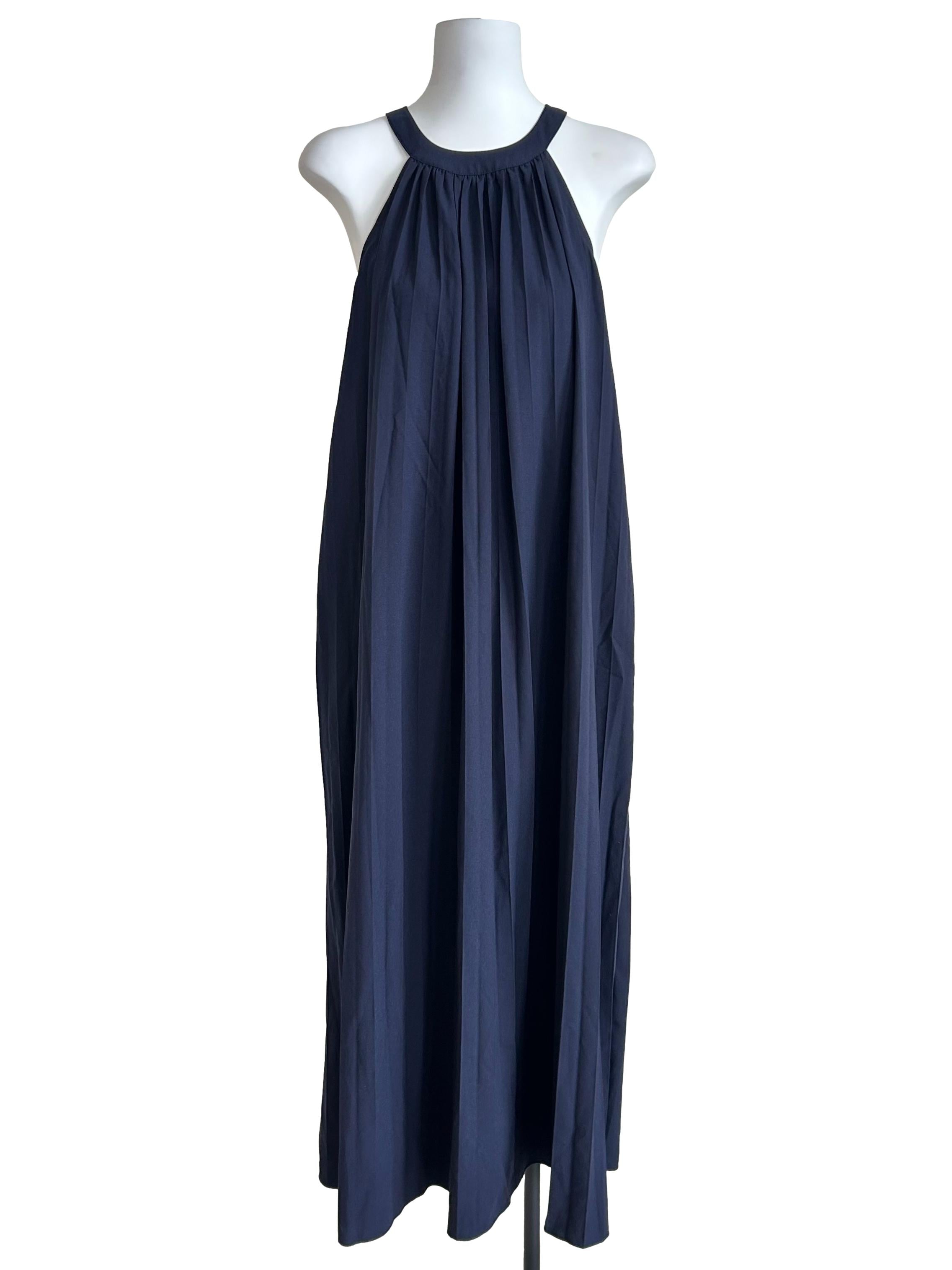 Navy Blue Halterneck Pleated Maxi Dress