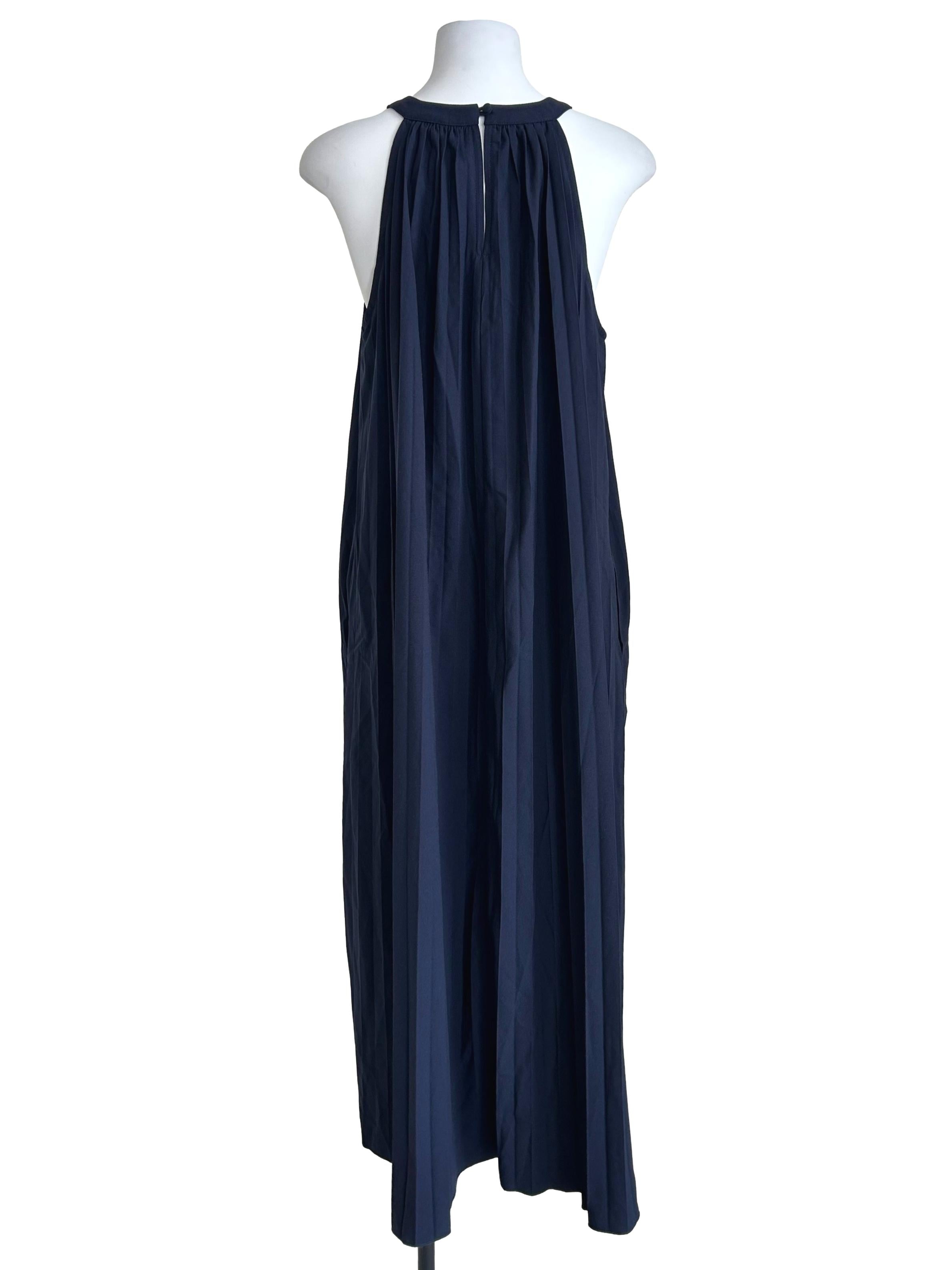 Navy Blue Halterneck Pleated Maxi Dress