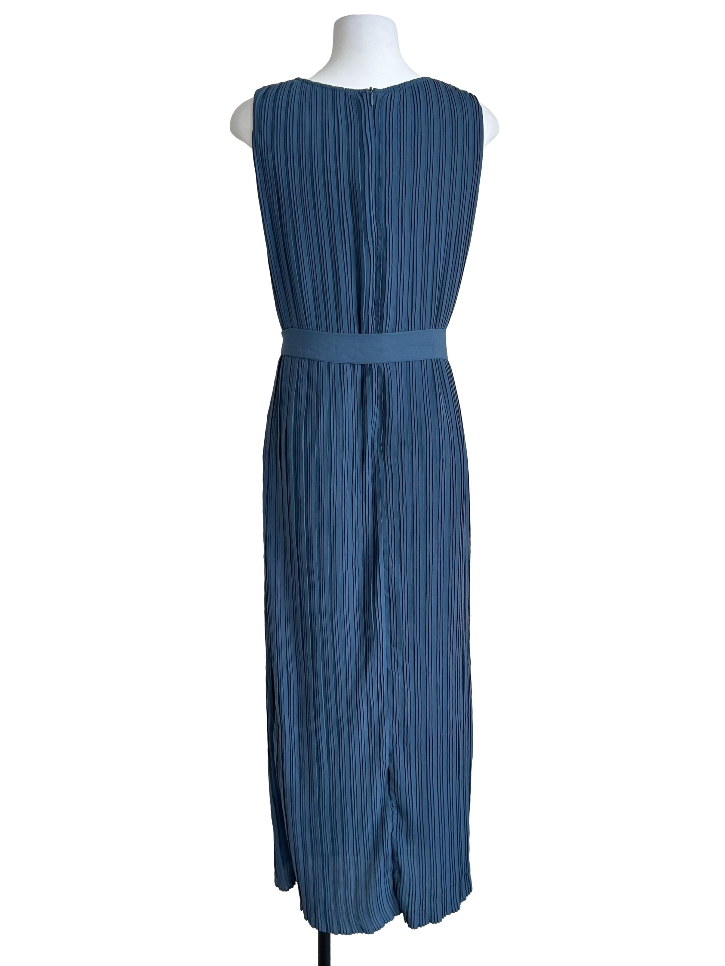 Steel Blue Pleated V-Neck Belted Maxi Dress