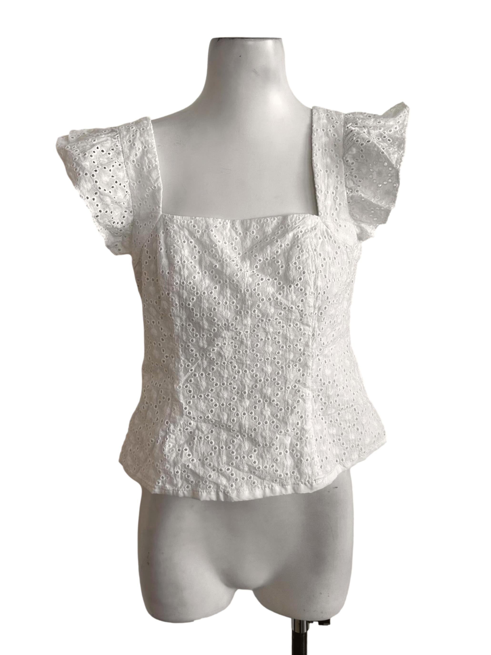 Salt White Square Neck Eyelet Embroidery Top LB