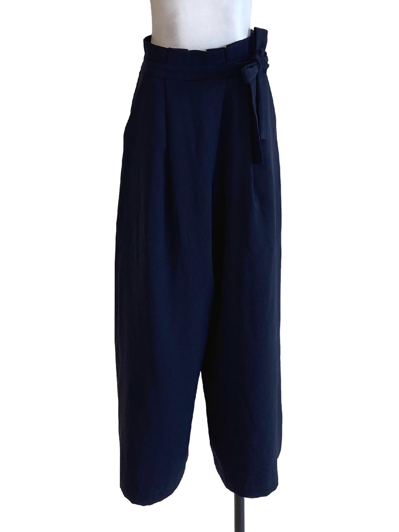 Navy Blue Ruffle Waist Tie Sides High Waisted Pants