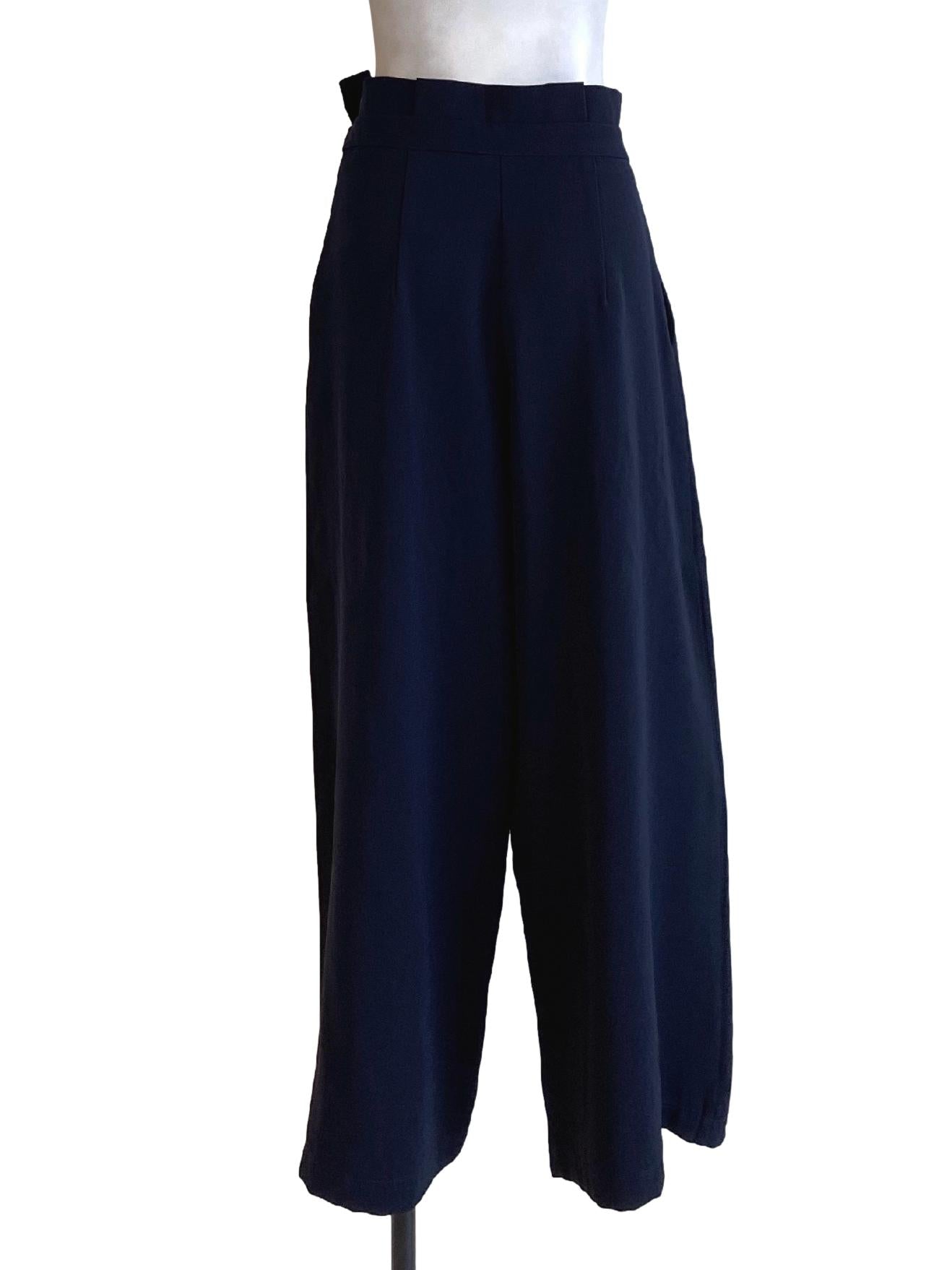 Navy Blue Ruffle Waist Tie Sides High Waisted Pants