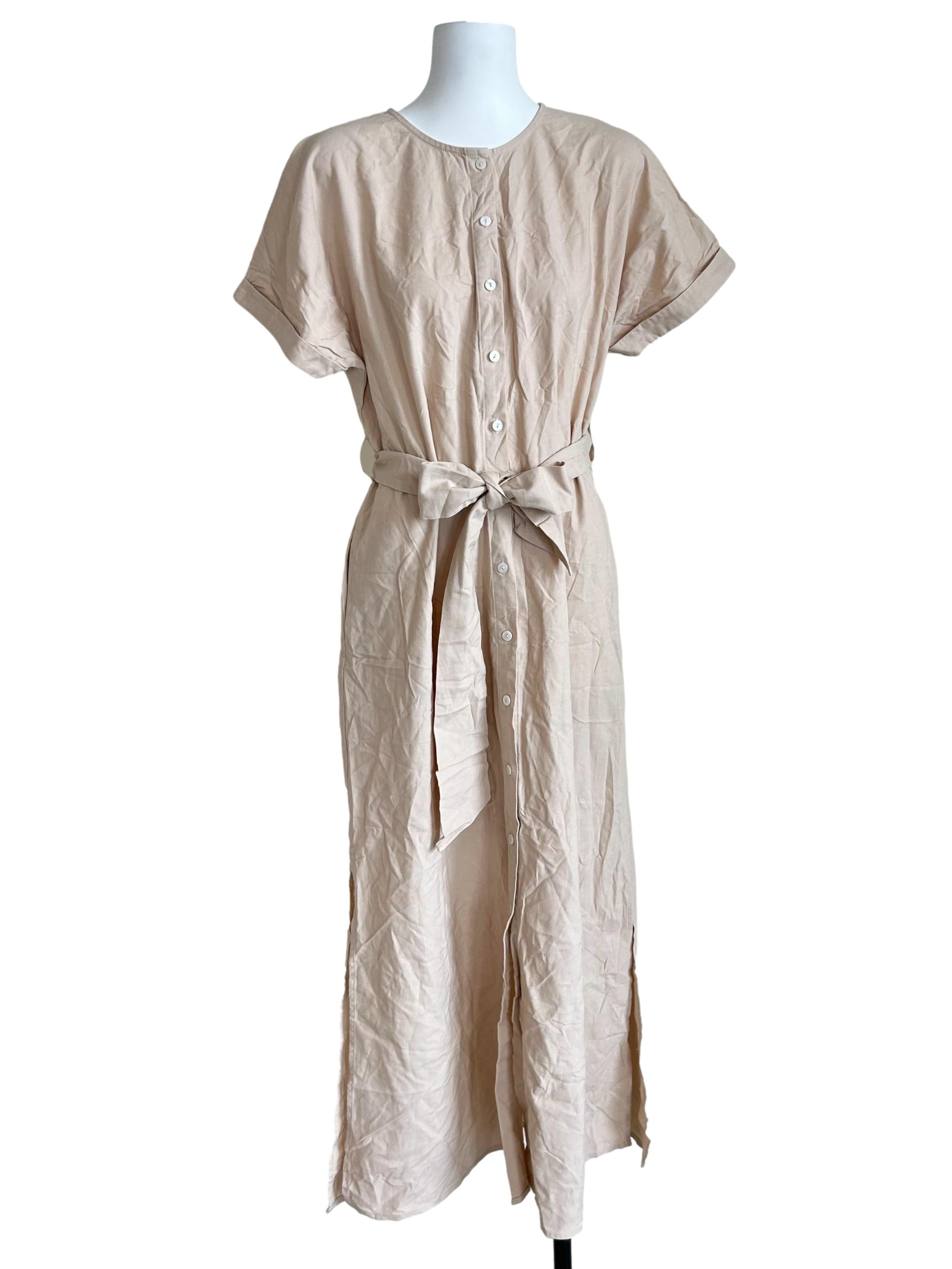 Beige Button-Front Shirt Dress