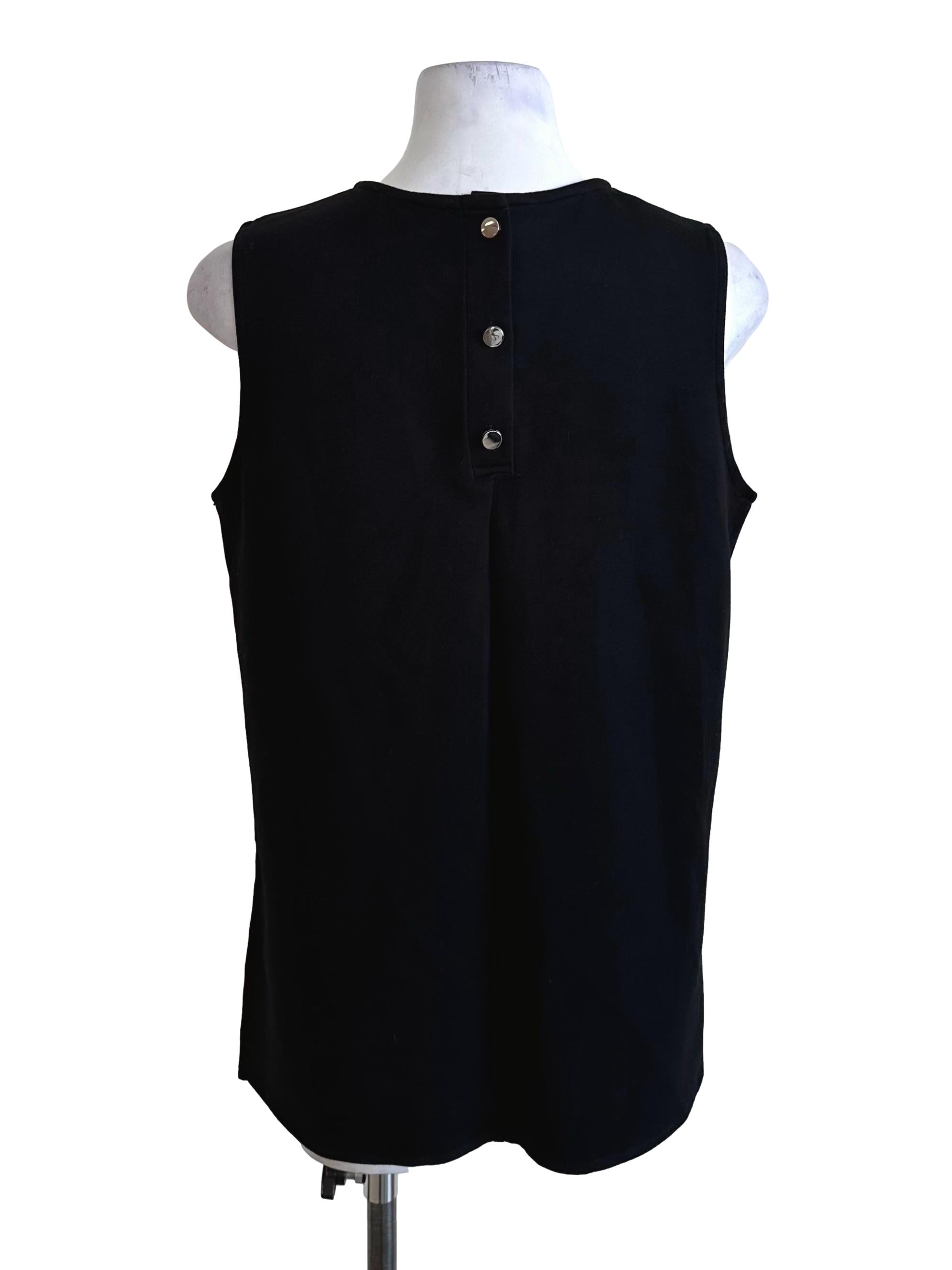 Onyx Black Round Neck Back Button Top