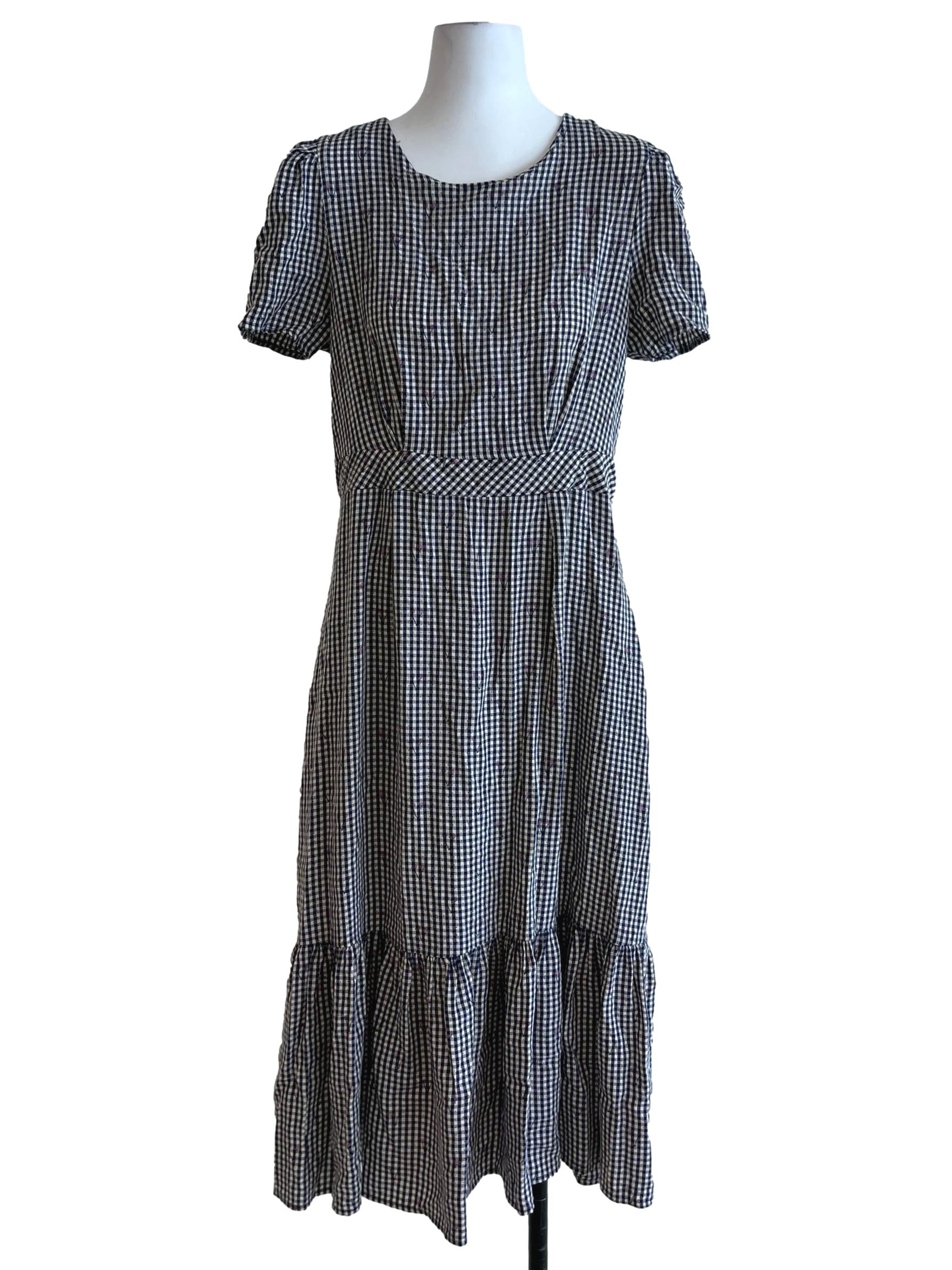 Navy Blue Shepherd'S Check Empire Dress
