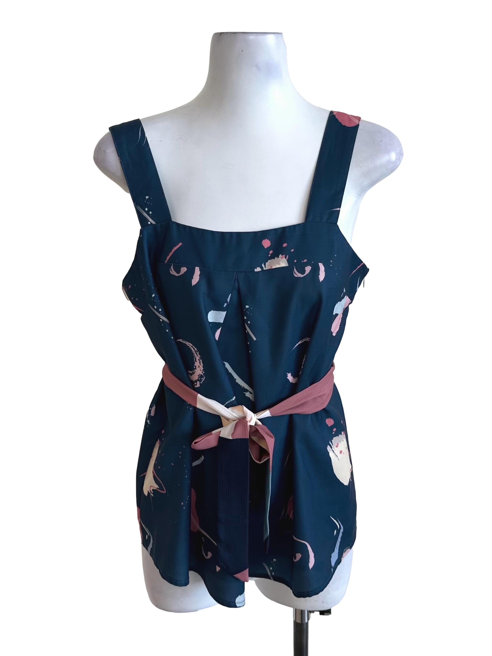 Teal Blue Pattern Square Neck Strap Top