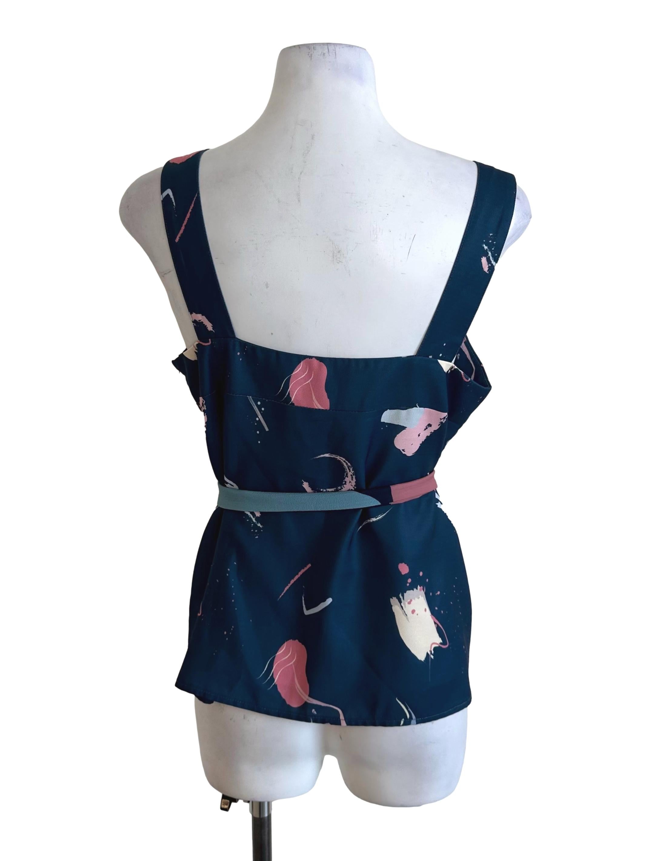 Teal Blue Pattern Square Neck Strap Top