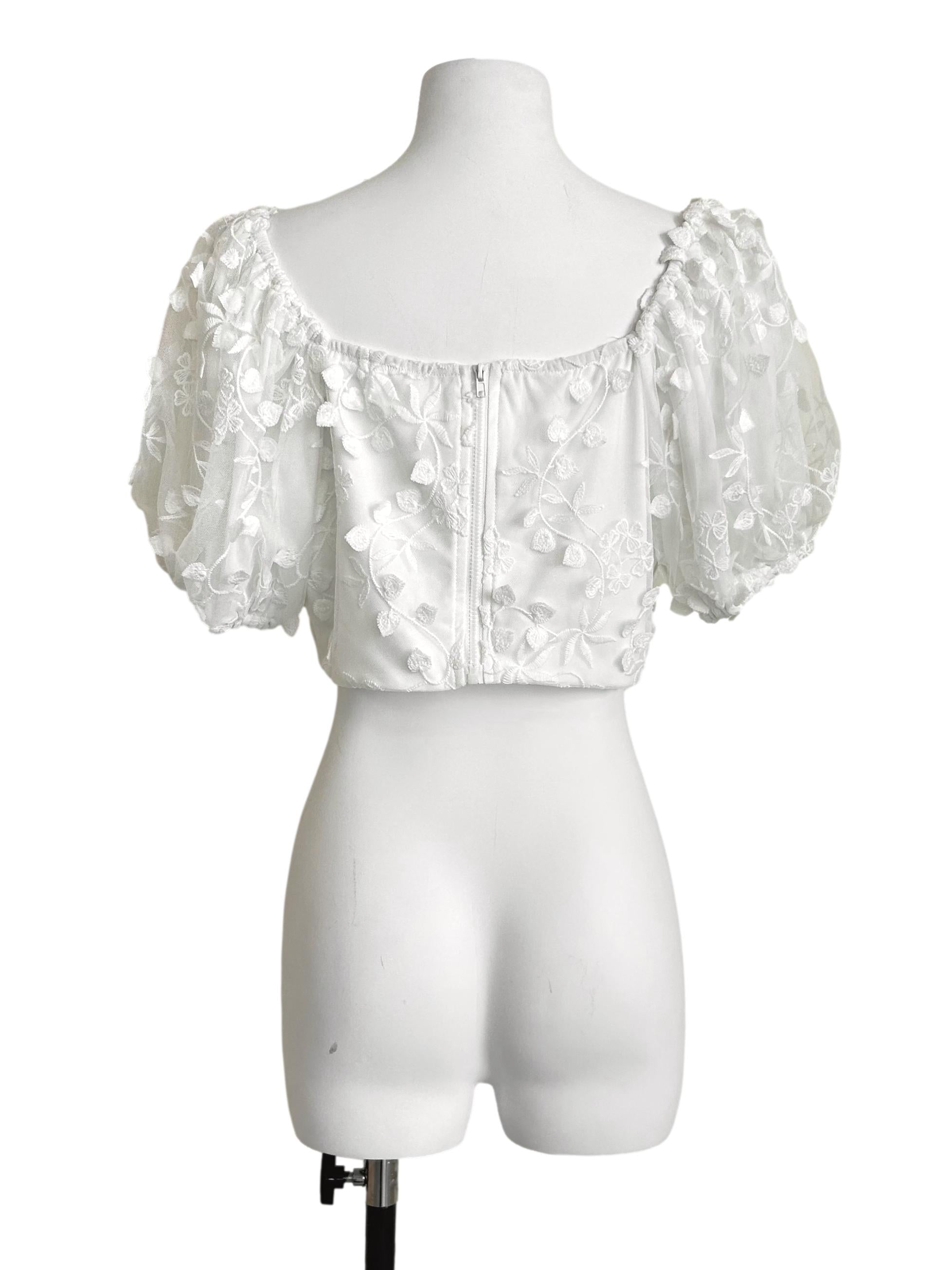 White Floral Embroidered Puff-Sleeve Crop Top