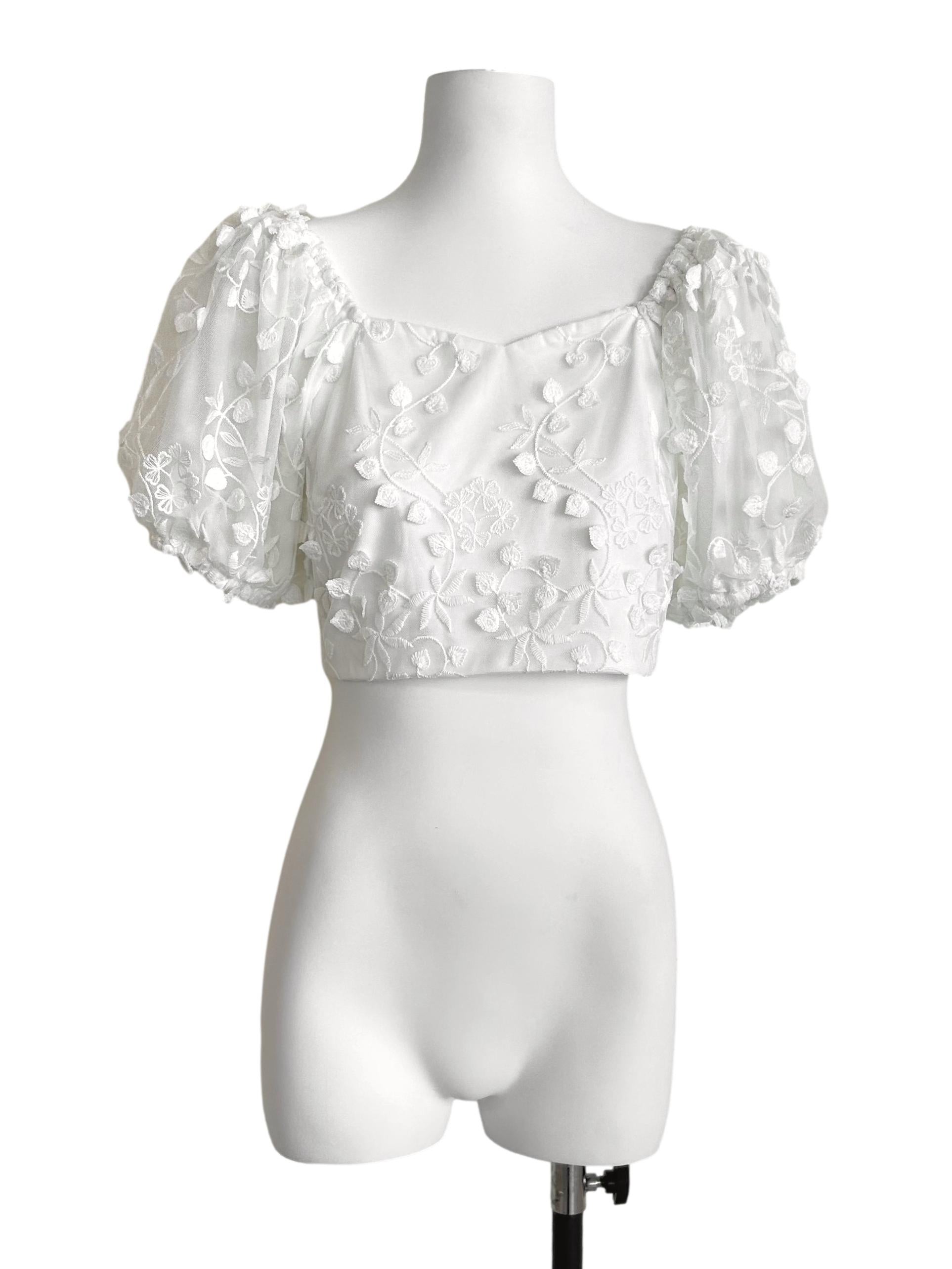 White Floral Embroidered Puff-Sleeve Crop Top