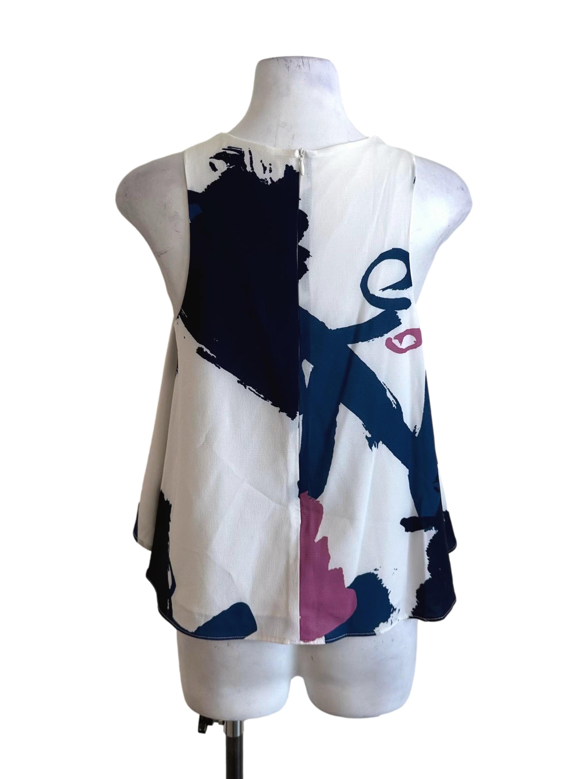 White Blue Abstract Pattern Loose Top
