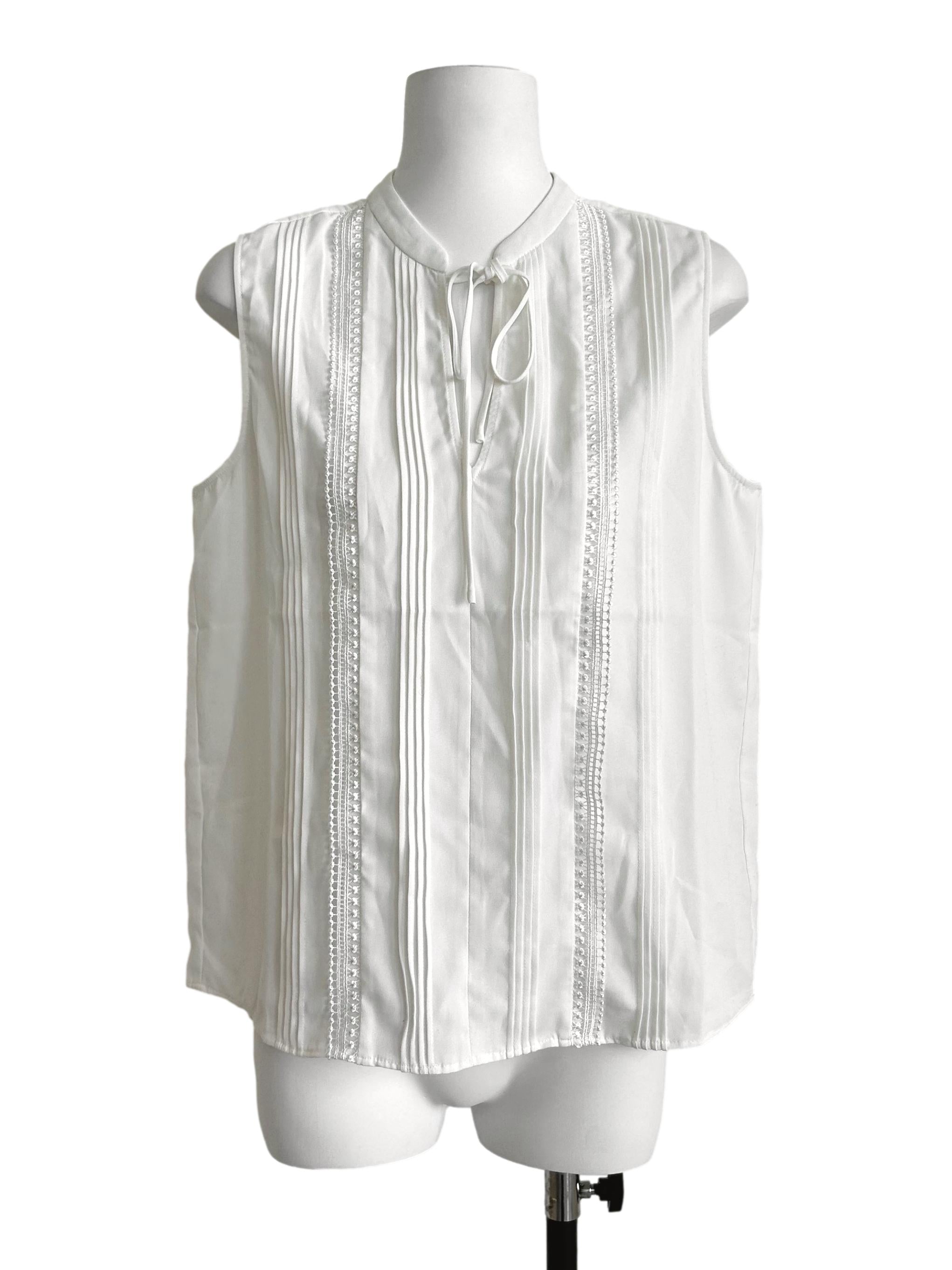 White Sleeveless Pleated Tie-Neck Blouse LB